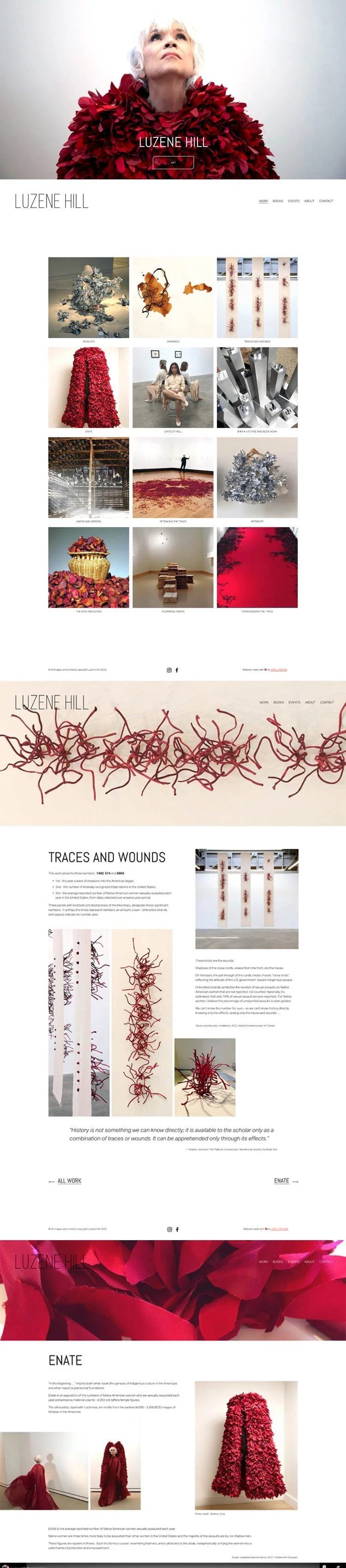 Gallery webpage featuring artist Luzene Hill's contemporary art and textile sculptures, including red and white abstract installations and mixed media pieces.