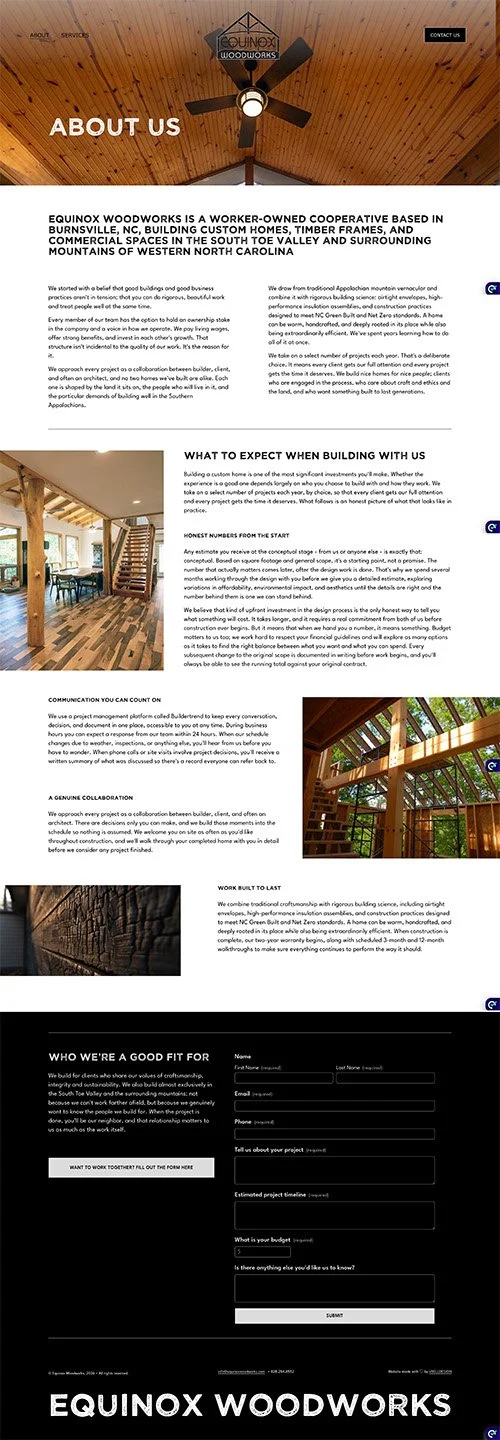 Website homepage for Equinox Woodworks featuring a wood-paneled ceiling with a ceiling fan, sections about the company, and contact information.