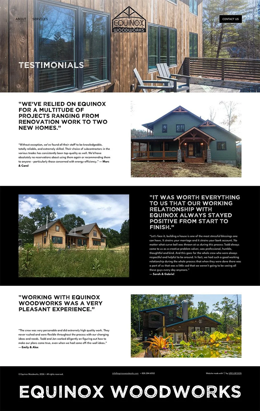A webpage for Equinox Woodworks featuring images of homes and customer testimonials