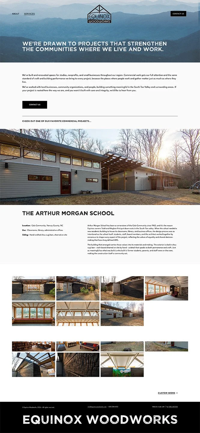 Scrollable image of website for Equinox Woodworks, custom home builder