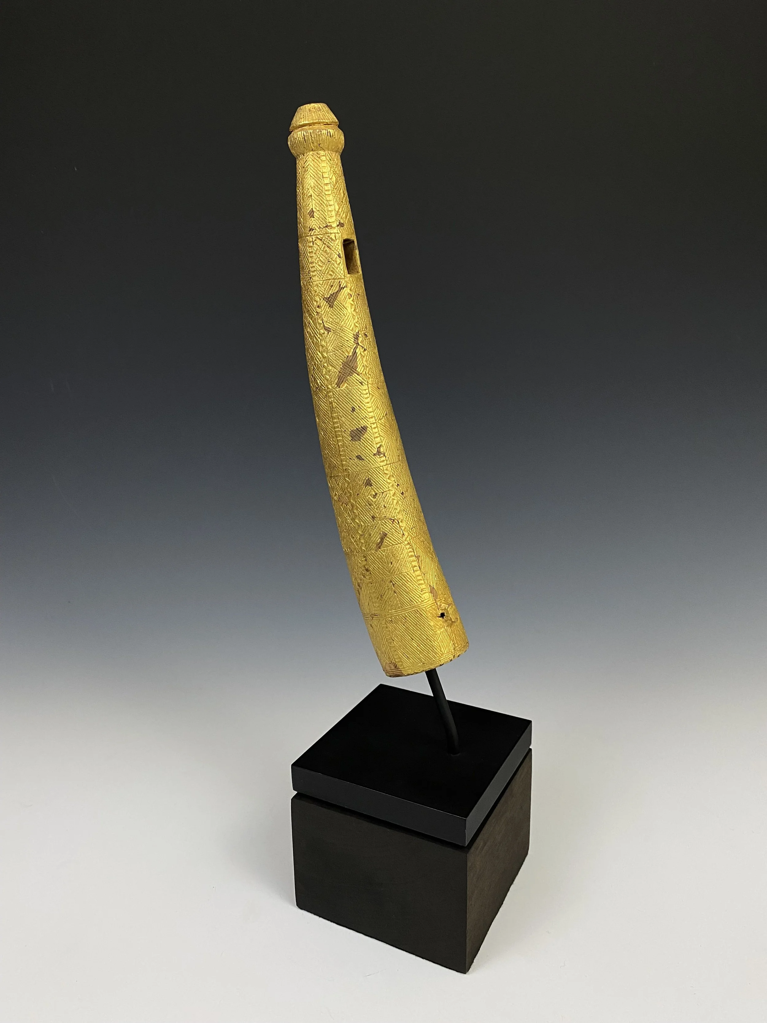 An intricately carved Akan wood horn prestige object. Wood, gold foil. 11.4 inches. EX Gallery Walu, Zurich before 1995 (René David)