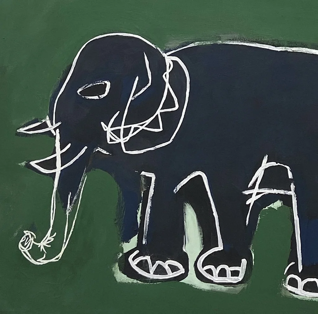 Detail of the Elephant in the painting ƆSONO.  An elephant of a blue-black silhouette and white contours walks towards the left. Trunk
outward, under tall trees whose leaves sway in the upper right of a green canvas.