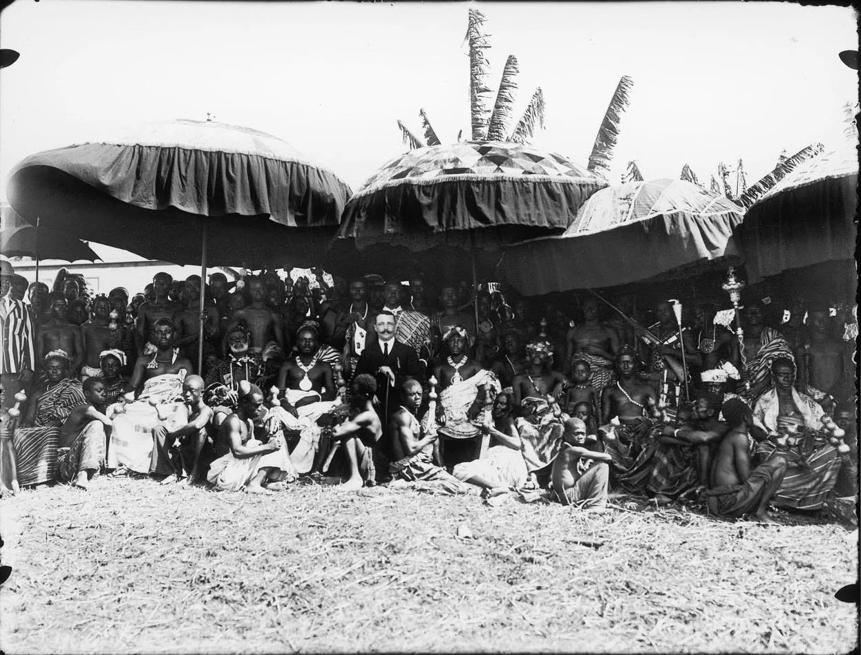 Captain Sir Cecil Armitage, Chief Commissioner of Northern Territories photographed with Ashanti Chiefs and their entourage. ca. 1910