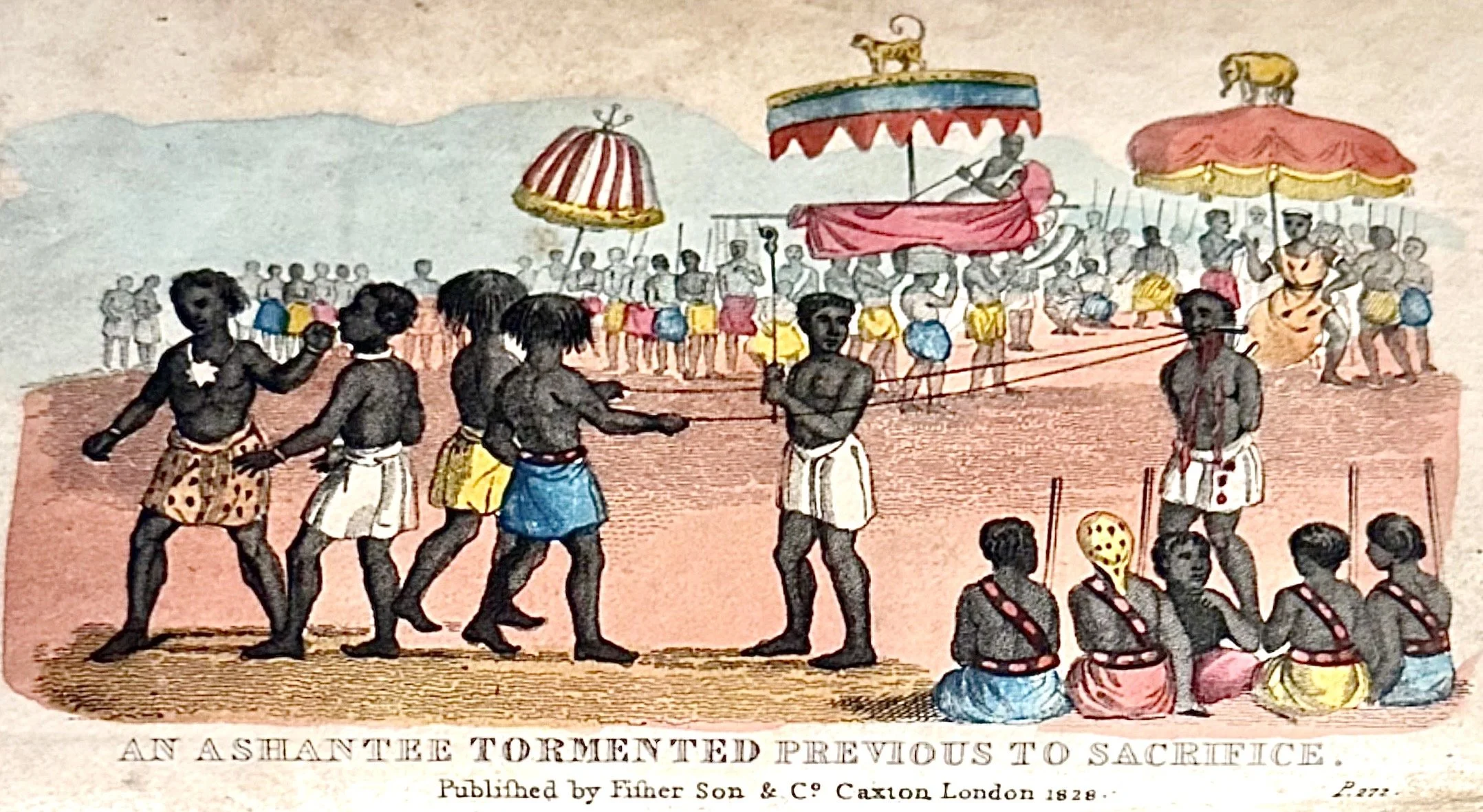 Another illustration of an Ashantee lead to his execution with a knife pierced through his cheeks. From The Modern Voyageur and Traveller, Through Europe, Asia, Africa, & America by WM. ADAMS, M.A., VOL.I. - AFRICA.
London.  PRINTED FOR FISHER, SON &