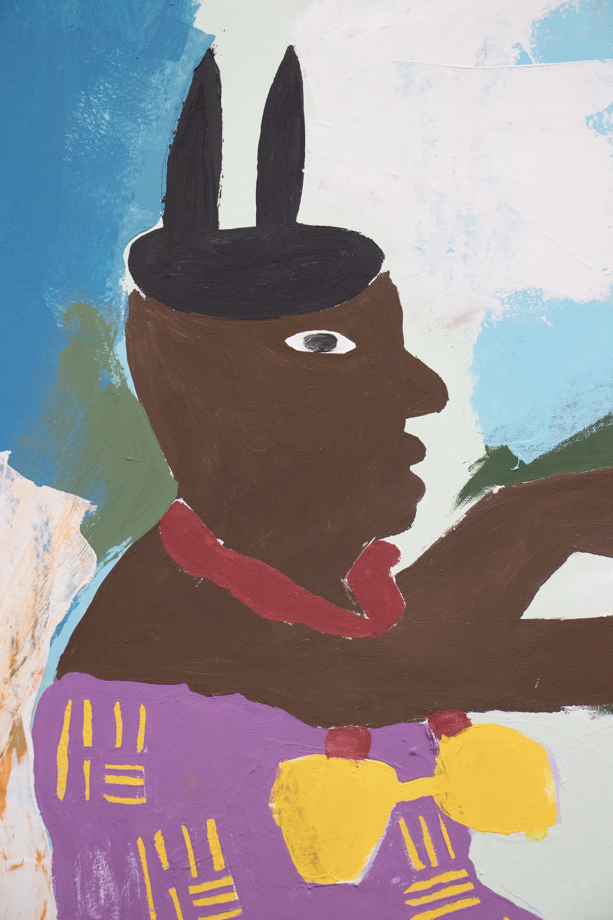 Detail of the pectoral in the painting. A double pectoral seen here is called a Mourner's pectoral (awisiado or "orphan's necklace") and are typically worn by close relatives, male or female of the deceased at funerals.