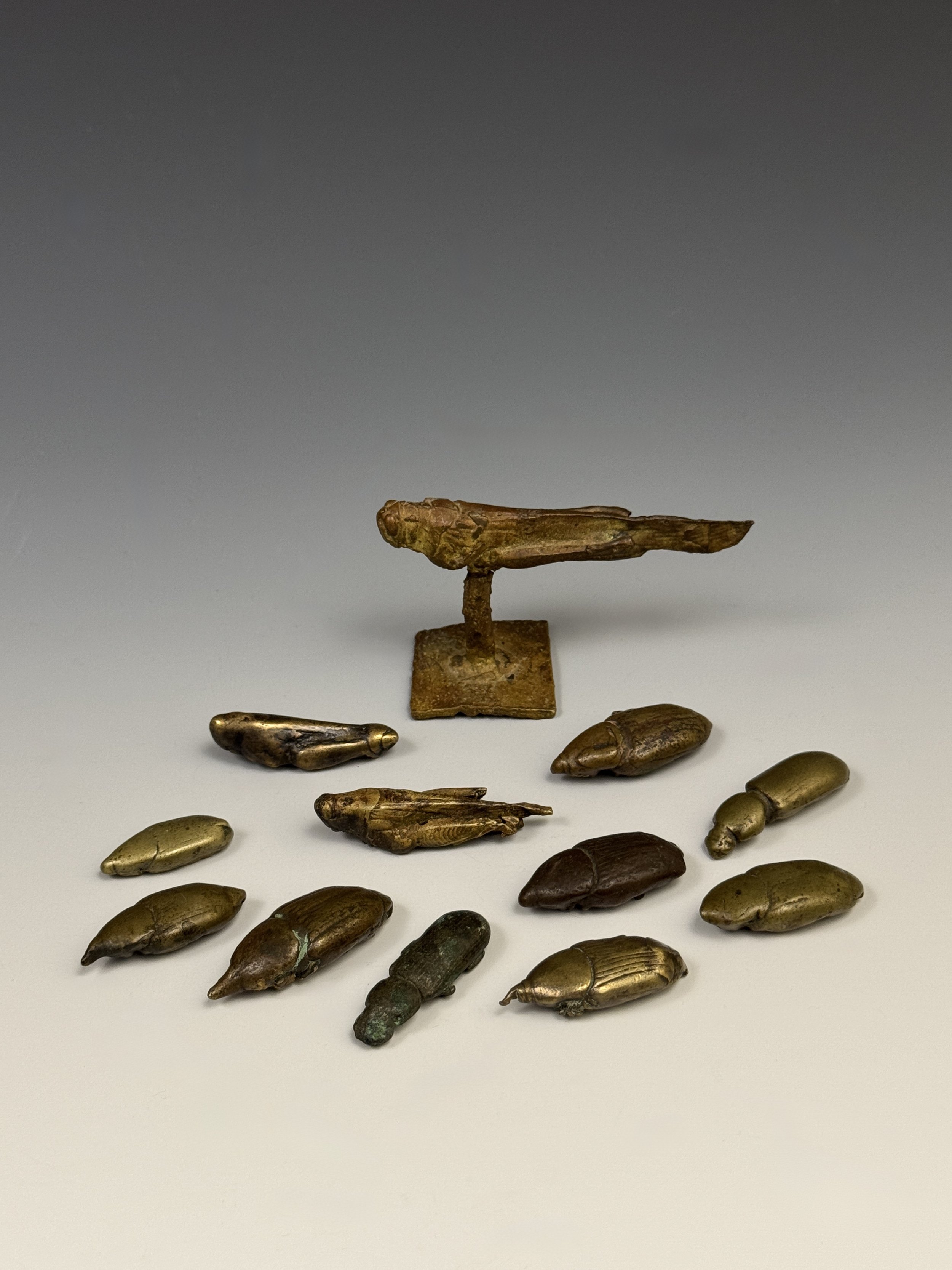 Akan cast copper alloy gold weights. All the insects (beetles and locust) were cast from nature meaning that the dried, dead insect was directly moulded and heated until the insect's body burned away completely, leaving the hollow mould to then pour