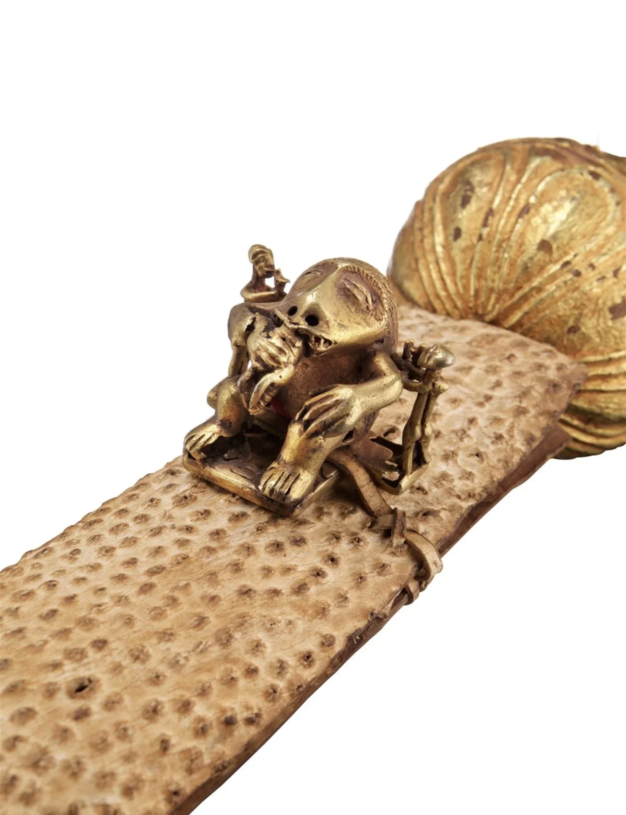 This is an Asante State sword “afena” from Ghana with a sword ornament cast in 6K gold/silver alloy. The sword hilt is carved wood covered with gold foil. The iron blade has a sheath of ray and antelope hide (front/back). 72cm. The sword ornament (ab
