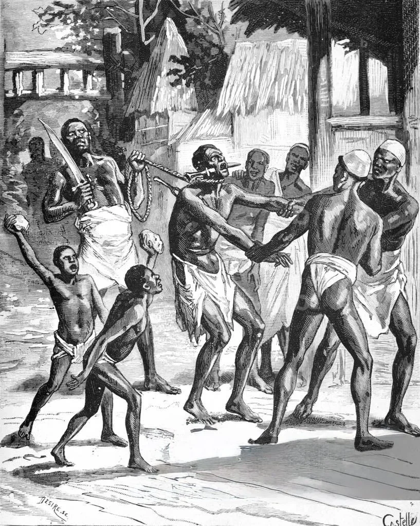 An engraving published in 1882 depicts an Ashanti prisoner condemned to death, being led by his executioners. The image shows a sepɔ (knife) pierced through his cheeks similarly to the figure on the finial of this linguist staff. A ritual executioner