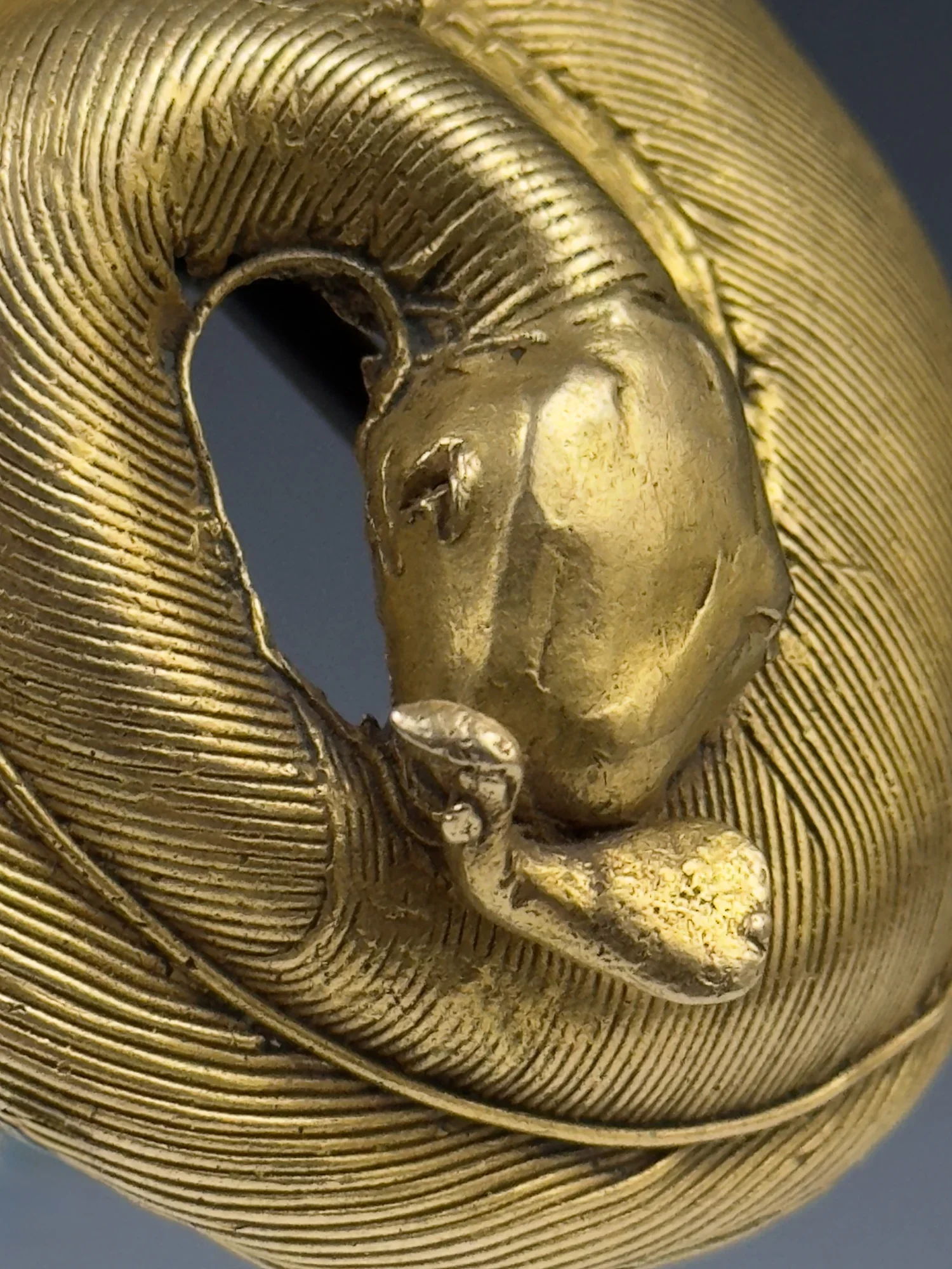 Akan cast gold (12K, 30g) pendant representing a coiled snake with a bird in its mouth. D: 2.4 inch - 2.6 inch. In Akan art, the snake is often seen devouring a variety of animal types. Sometimes it is a bird as in this example. Other examples seen i