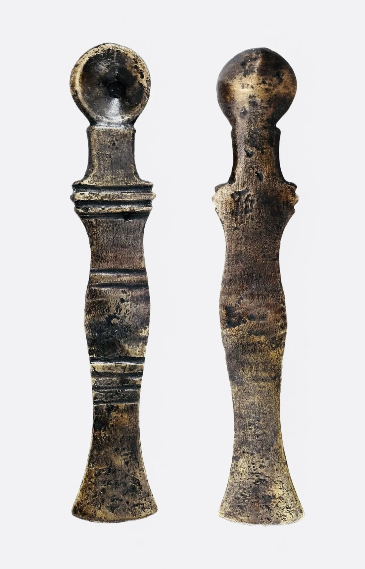 Asante bronze alloy gold dust spoon “Nsawa (saawa)”. 3.5' L.  Ghana.  Late 19th century to early 20th.   Ex Sir Cecil Armitage Collection. Dating to the second half of the 19th century to early 20th. Sir Cecil Armitage, Governor of Gambia (1921-27) a