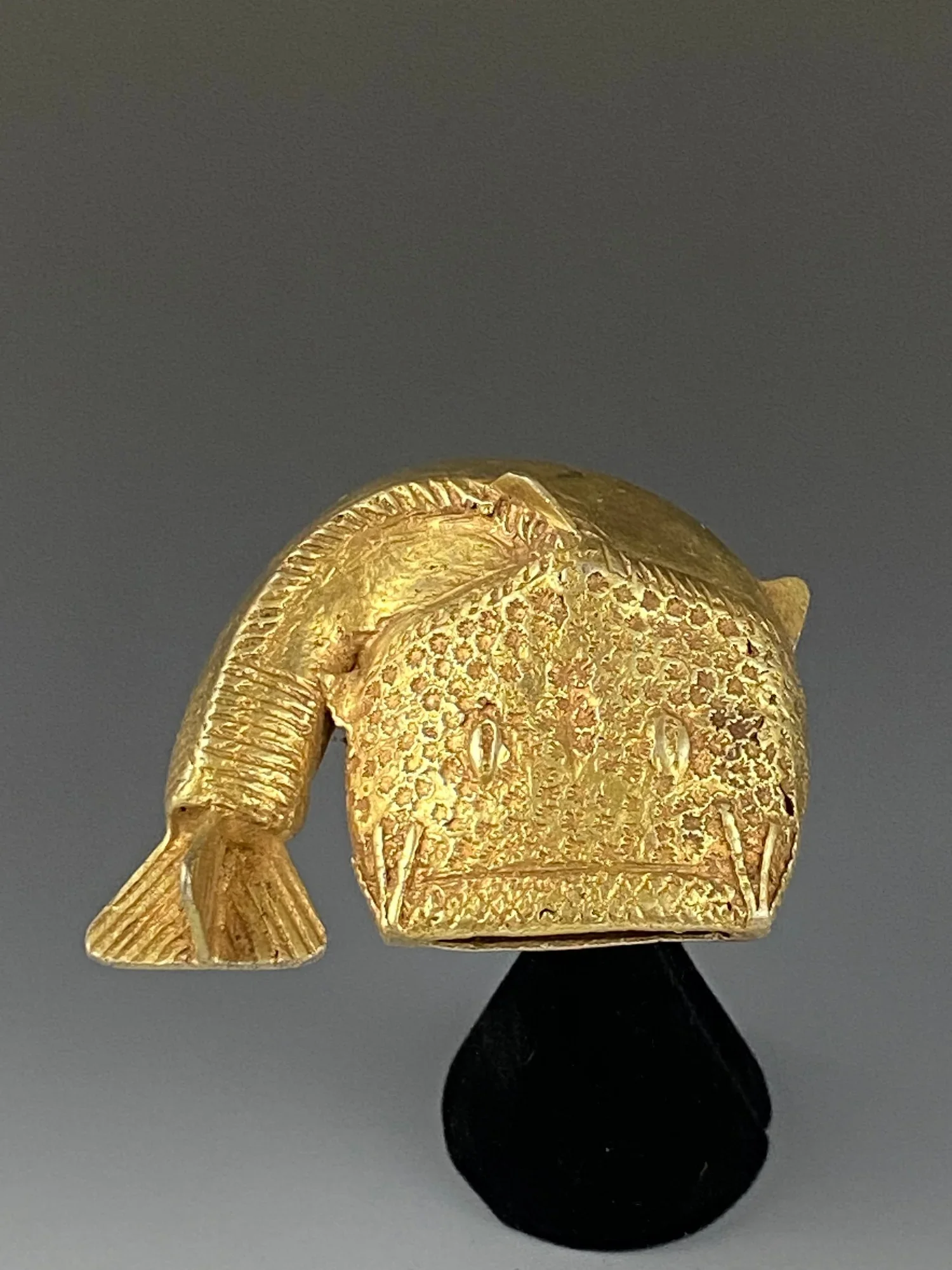Akan Chief's ring "mpetea" of a mudfish - Ghana. Cast Gold/ silver alloy. H: 2.0 inch; W: 2.4 inch; D: 0.8 inch. EX Zemanek-Münster, Würzburg, Germany, EX Roland Hartmann, St. Gallen, Switzerland, EX René David, Zurich, Switzerland