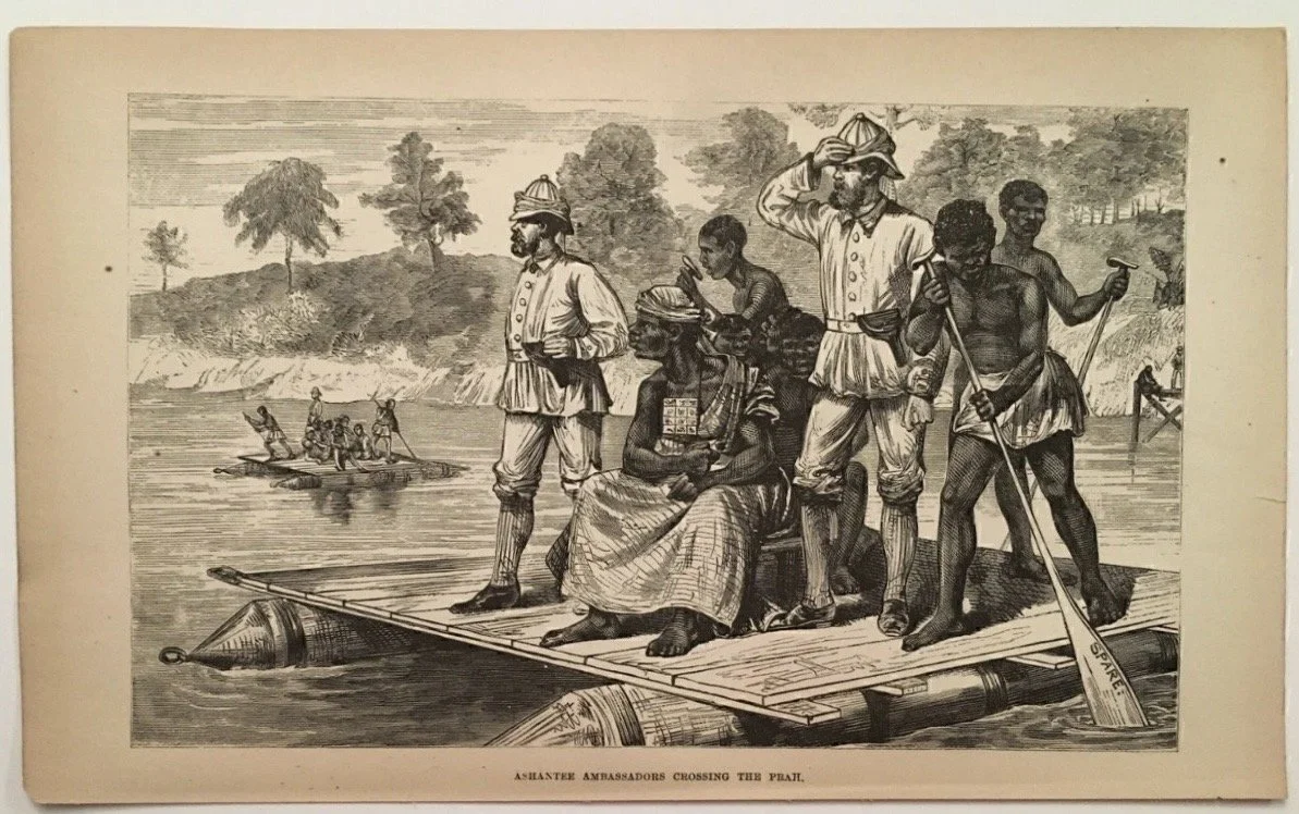 An engraving titled "Ashantee ambassadors crossing the Prah",  published February 14, 1874 in The Illustrated London News.