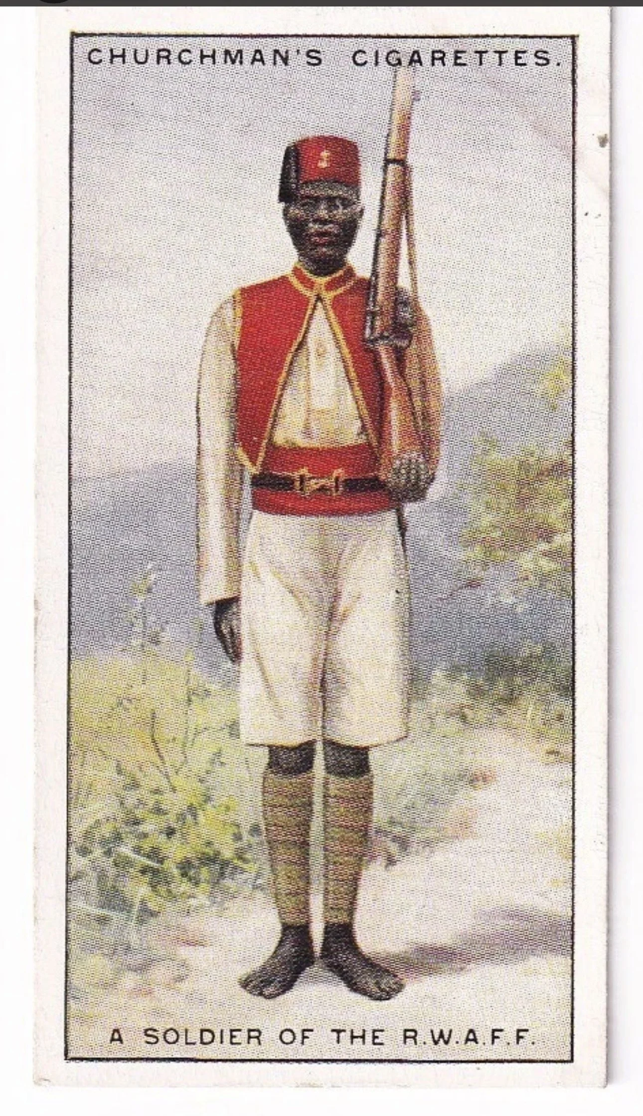 A 1929 Warrior Trade Card with a soldier of the Royal West African Frontier Force by Churchman.