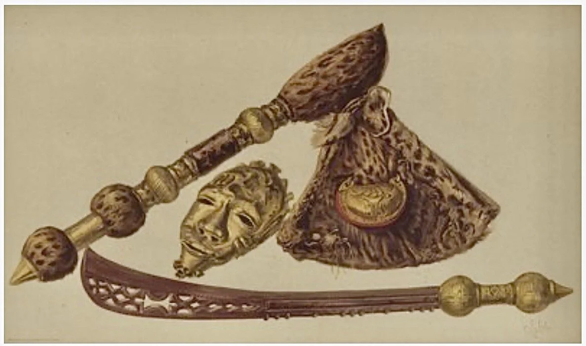 A chromolithograph titled "Sword, axe, and gold mask captured in the Ashantee Expedition". Illustration for Naval and Military Trophies (John C Nimmo, 1896), based on a series of water colour drawings by William Gibb. 30cm x 40cm