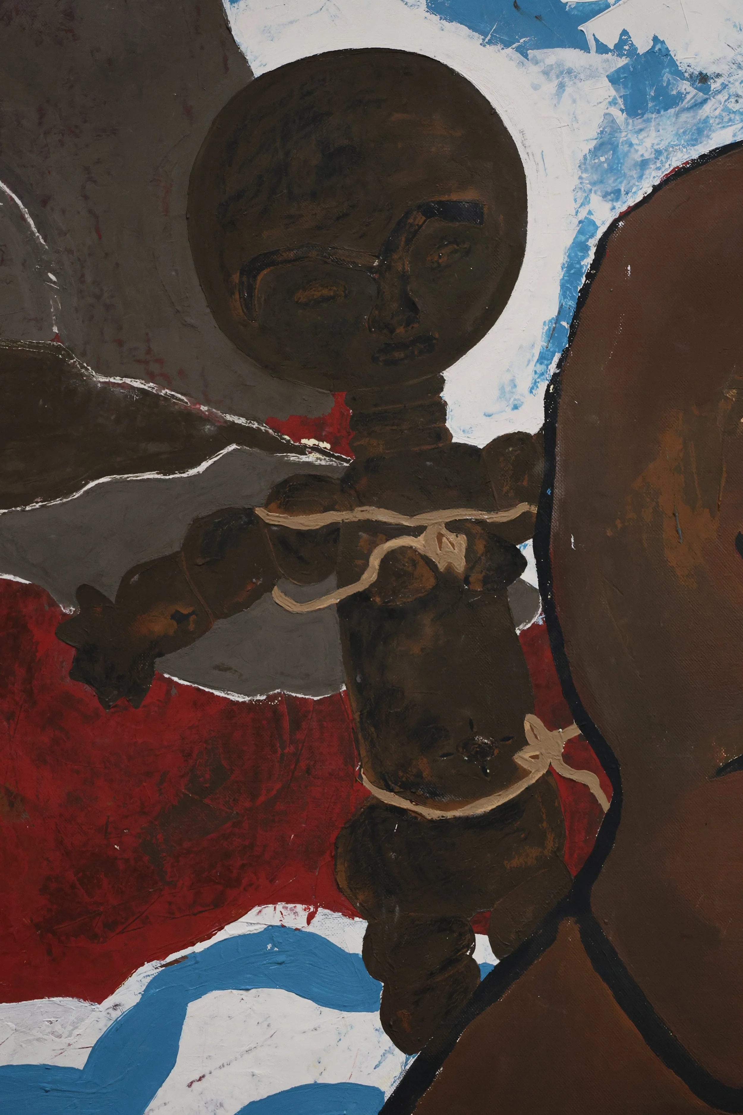 A detail in the painting of a similar akua-ba fertility figure carried on the back of the female figure in the painting.
