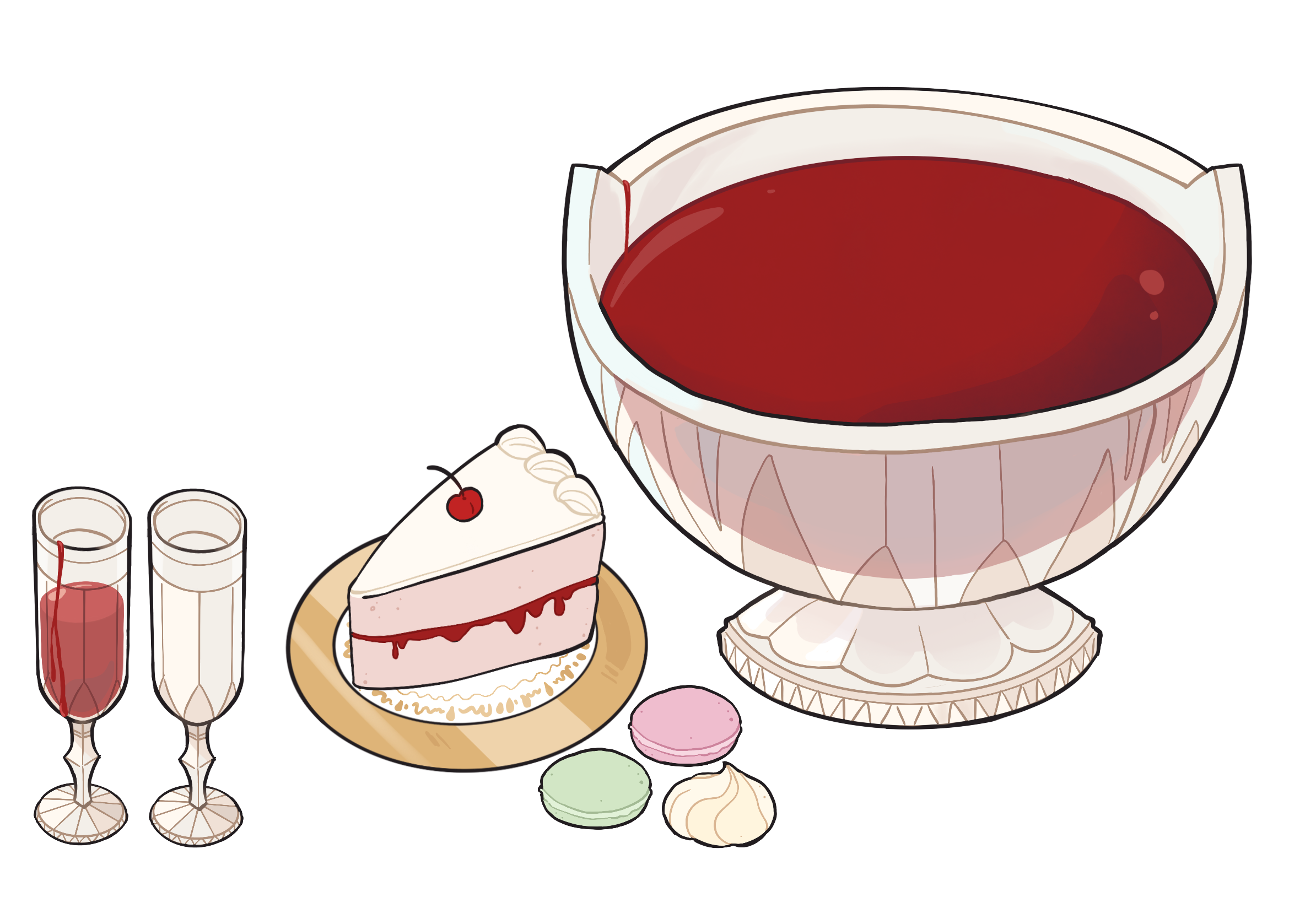 food props such as glasses, cake, macarons, and a glass punch bowl for Vampire Debutante