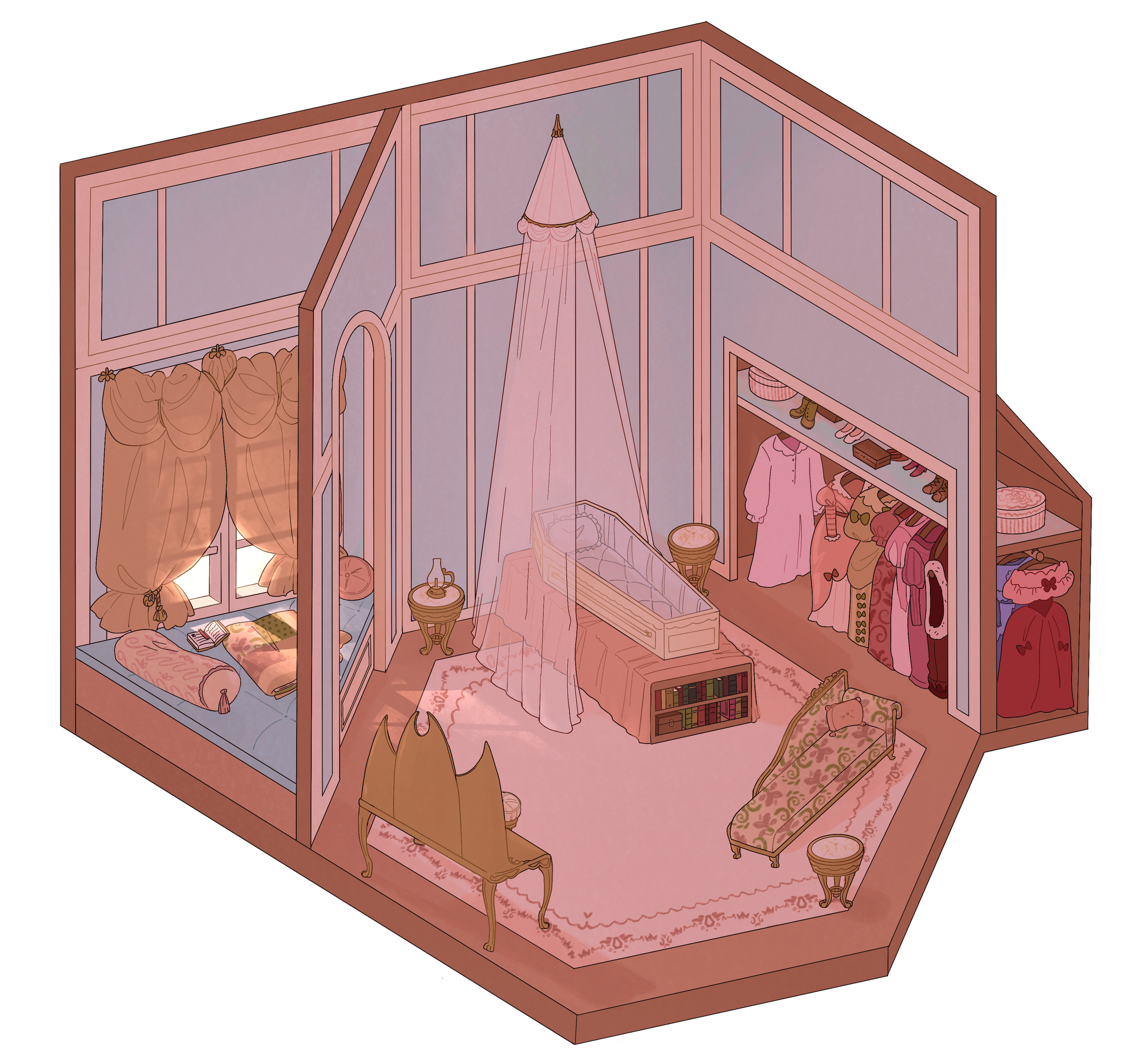a mock of Tiara's bedroom being lit only from the window