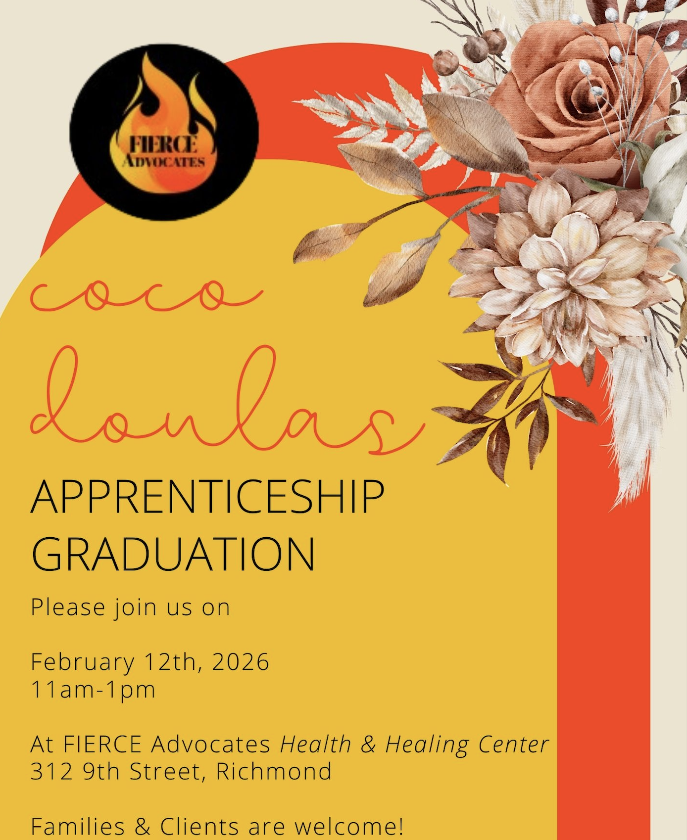 Flyer nnouncing the CoCo Doulas Apprenticeship Graduation at FIERCE Advocates. The flyer includes the date February 12, from 1:00 to 3:00 PM, the location at the Health & Healing Center in Richmond, California, and notes that a reception will follow.
