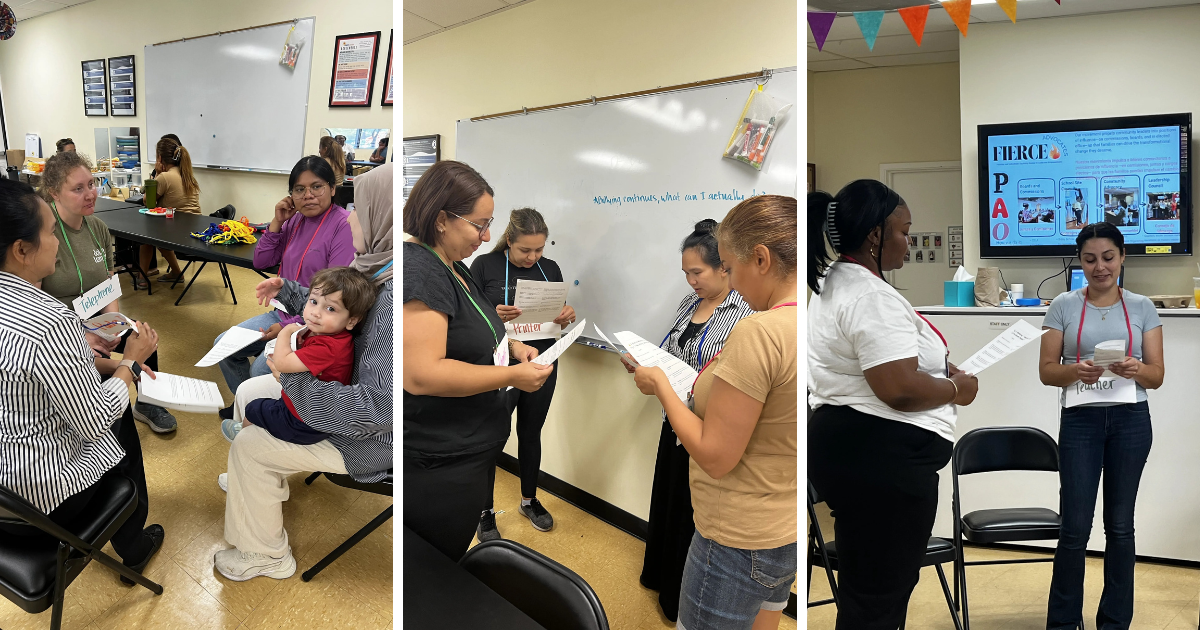Collage of parents and caregivers participating in discussions and hands-on activities during FIERCE education advocacy workshops at the Monument First 5 Center.
