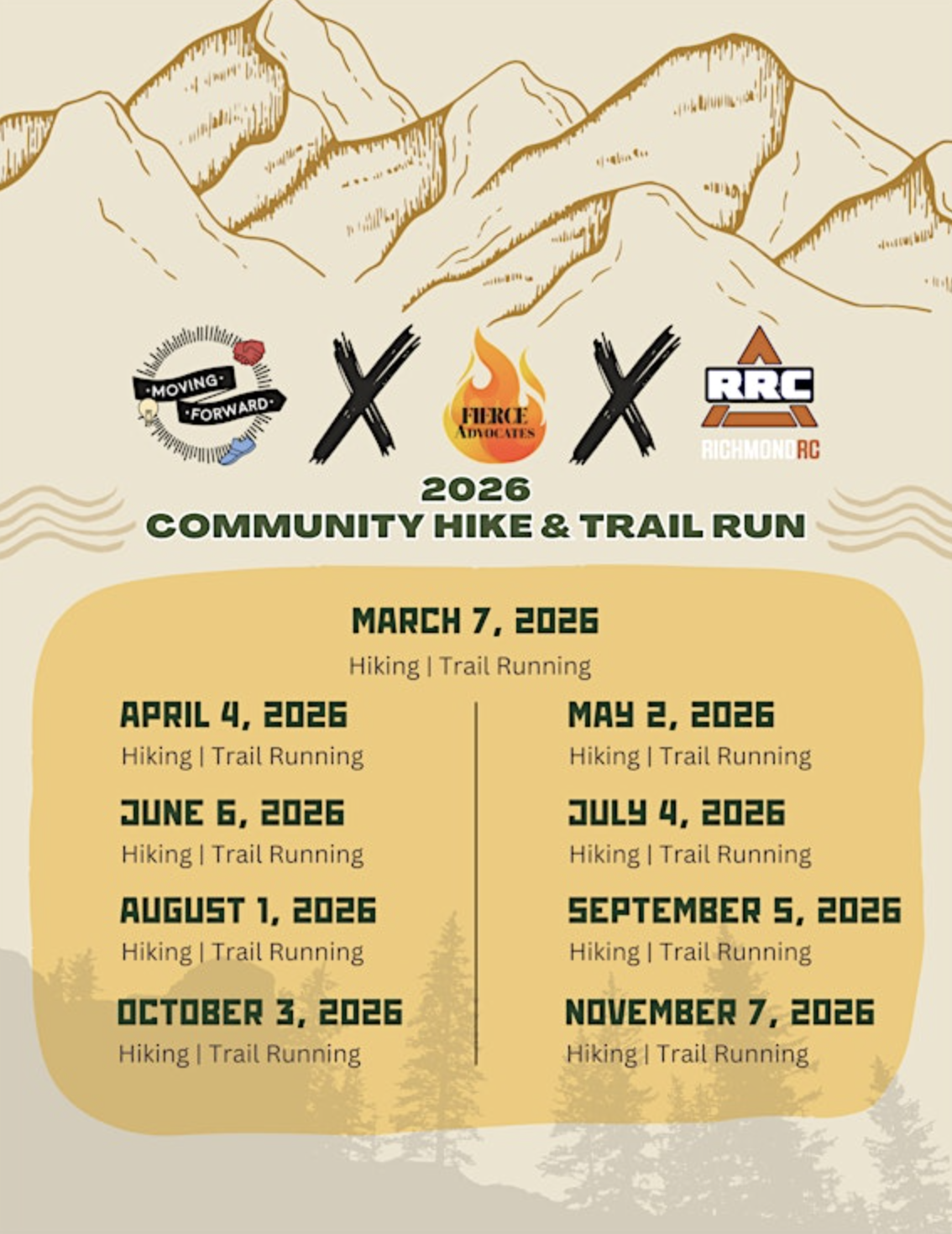 Graphic for the Community Hike & Trail Run Series, highlighting a monthly outdoor movement series focused on community, connection, and collective well-being, hosted by FIERCE Advocates in partnership with Moving Forward and Richmond Run Club.