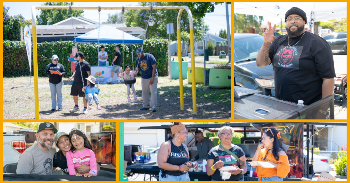 Collage of moments from the Humphrey Playlot Summer Block Party, including families and children enjoying activities, neighbors sharing food, and community members connecting throughout the celebration.