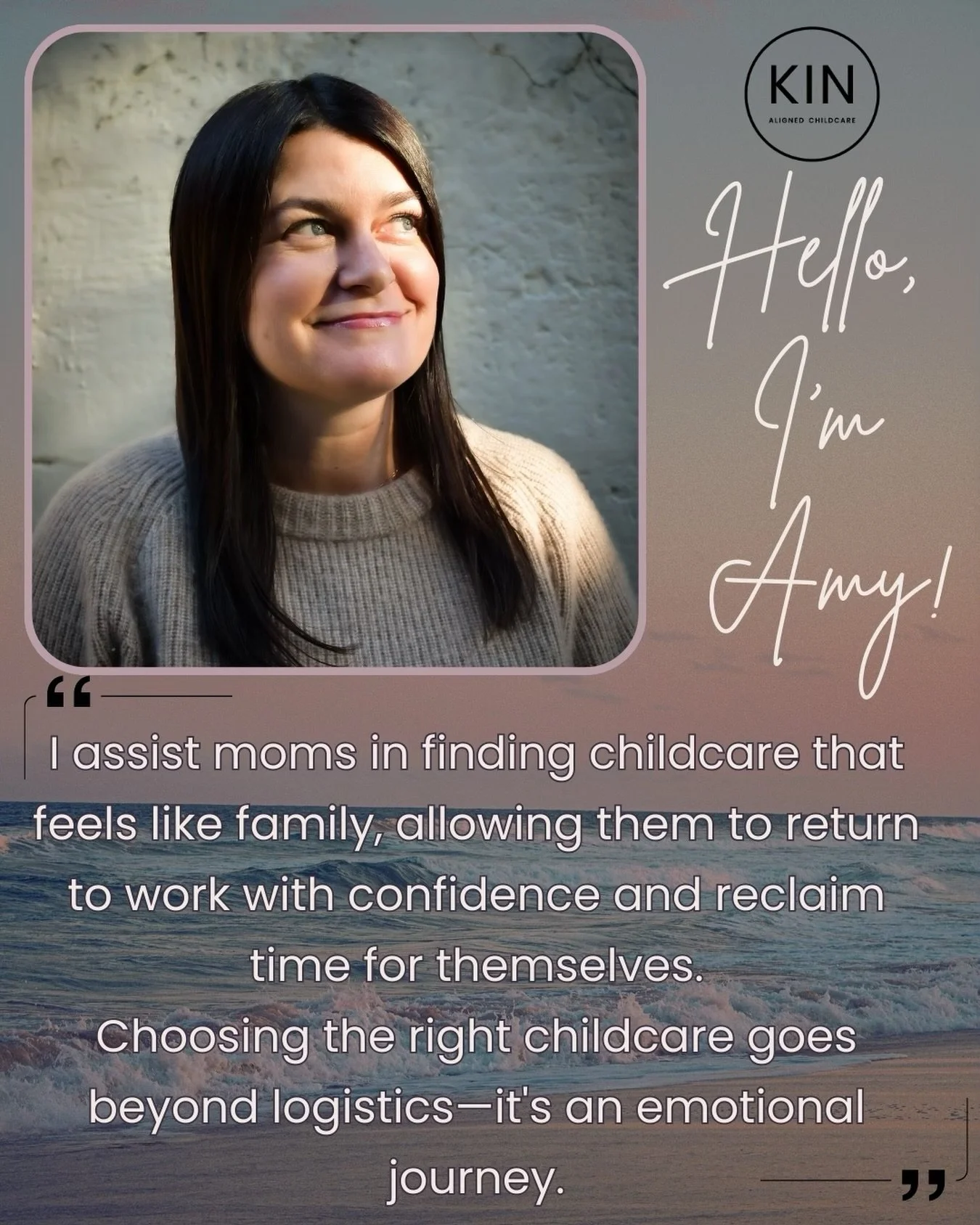 Hi, I&rsquo;m Amy! Welcome to Kin Aligned Childcare ✨

Finding childcare can feel emotional and overwhelming. It&rsquo;s not just about schedules and resumes&mdash;it&rsquo;s about trust, safety, and your child&rsquo;s heart! 💜 I&rsquo;m here to gui