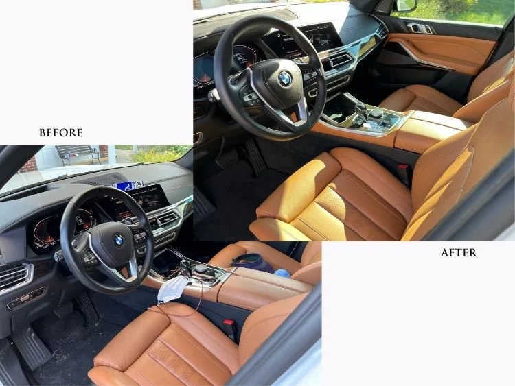BMW interior detailing before and after comparison showing professional steam cleaning and stain removal results