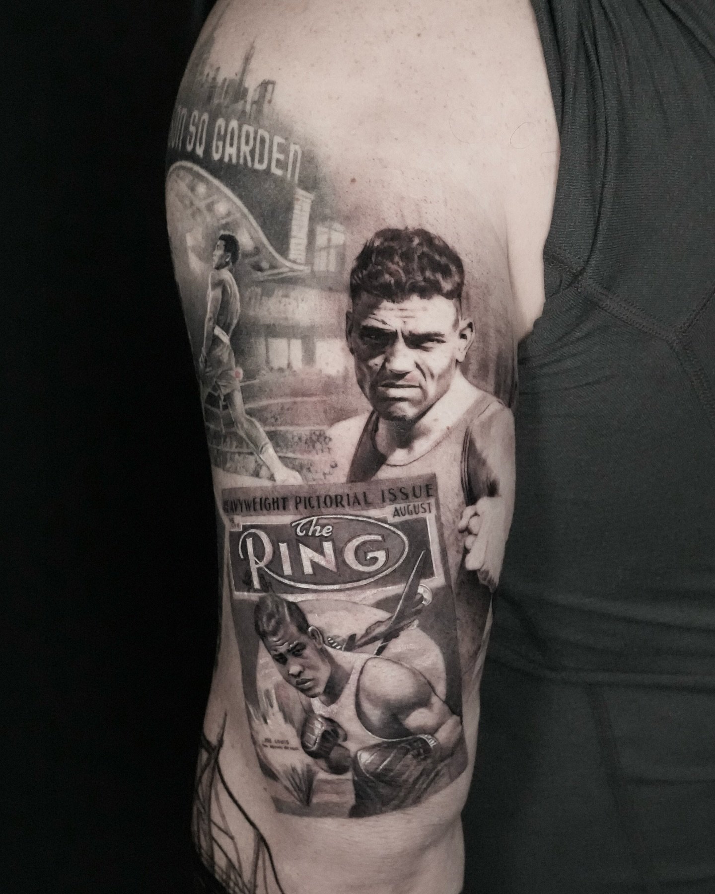 Boxing sleeve in progress 🙌 collaboration with @adamdeanart (on this arm he&rsquo;s done the bridge and everything below)
Fight scenes are healed.

Done at @dot.creativegroup 
Inquiry link is in bio 🙏

#tattoo #boxingtattoo #photorealism #microreal