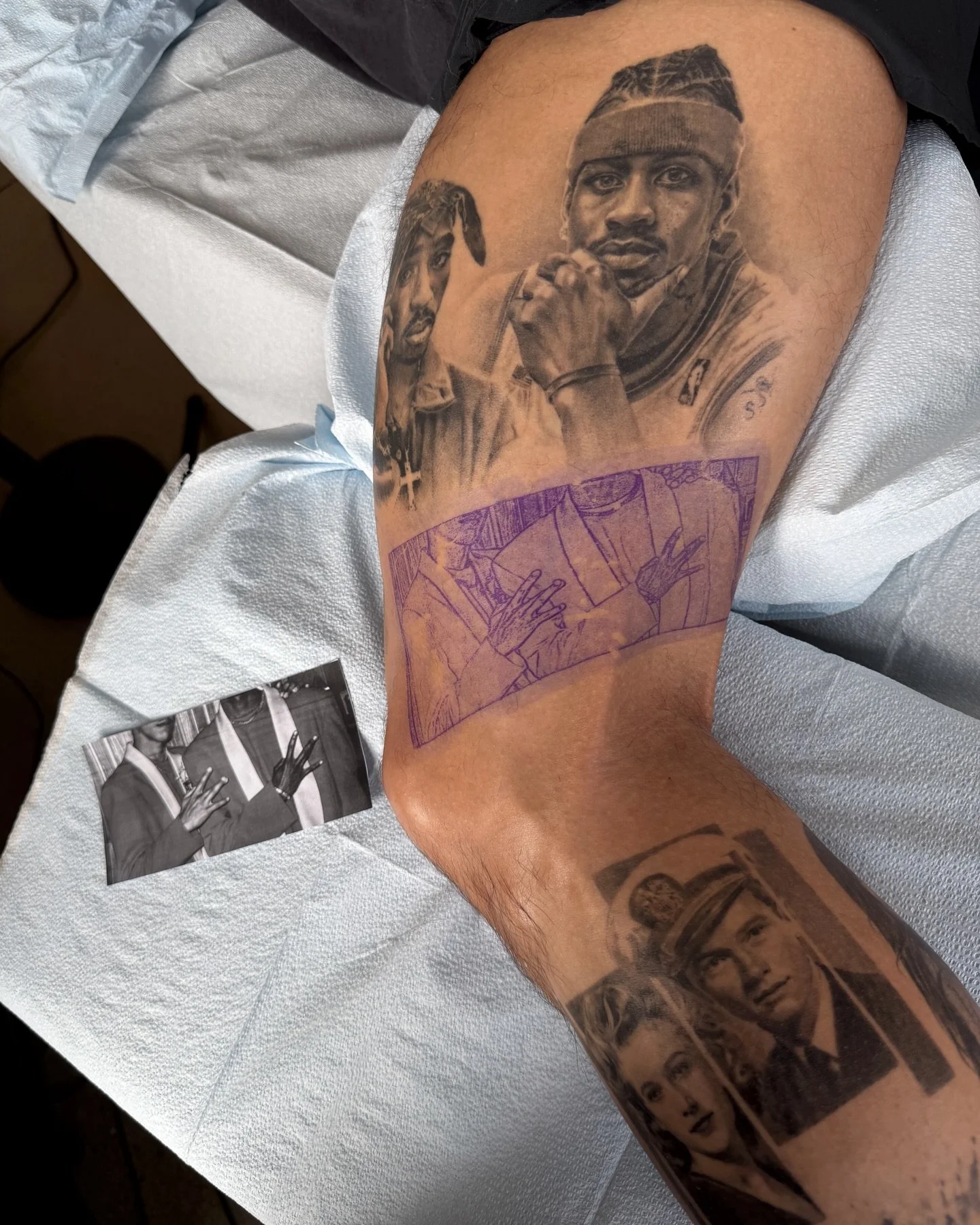 Fun fact- the photo reference and the stencil are exactly seem size !
Allen Iverson- 2 years healed 
2pac- 4 years healed 
Portrait of grandparents- about 1.5 years healed 

#tattoo #tattoostencil  #healedtattoo #photorealism #microrealism #detailedt