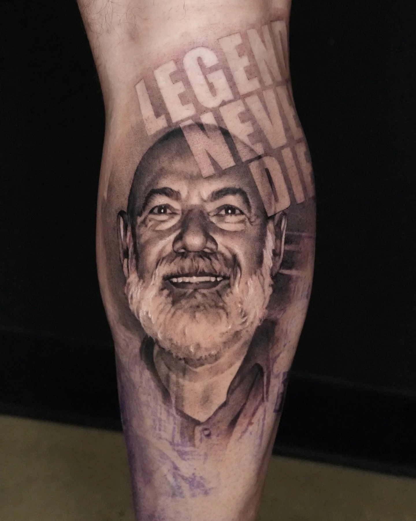 Legends never die 
Begging of a leg sleeve with his father&rsquo;s portrait. 

Inquiry link is in bio 🙏
Done at @dot.creativegroup 

#tattoo #portraittattoo #photorealism #nyctattoo #detailedtattoo