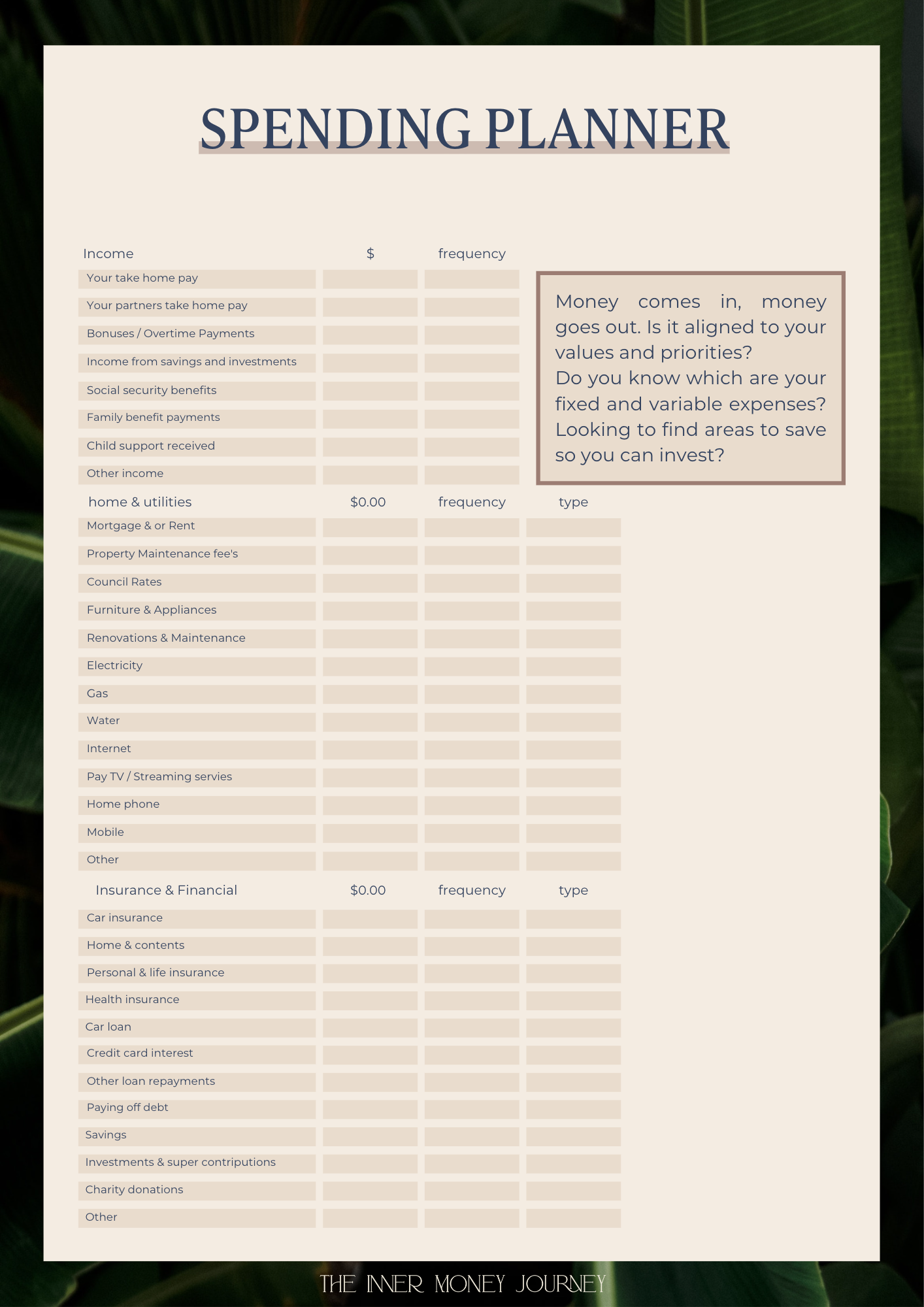 A spending planner worksheet with sections for income, expenses, and financial categories, including prompts about money management and saving strategies.
