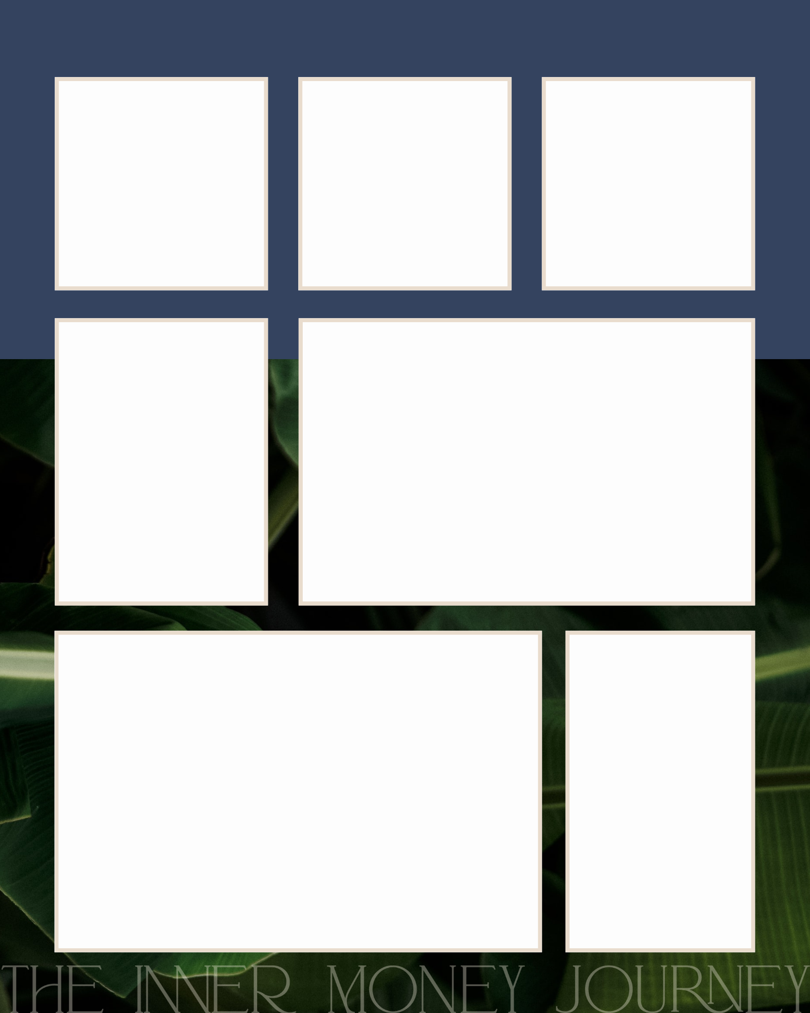 Blank comic strip template over a background of green leaves with the text 'The Inner Money Journey' at the bottom.