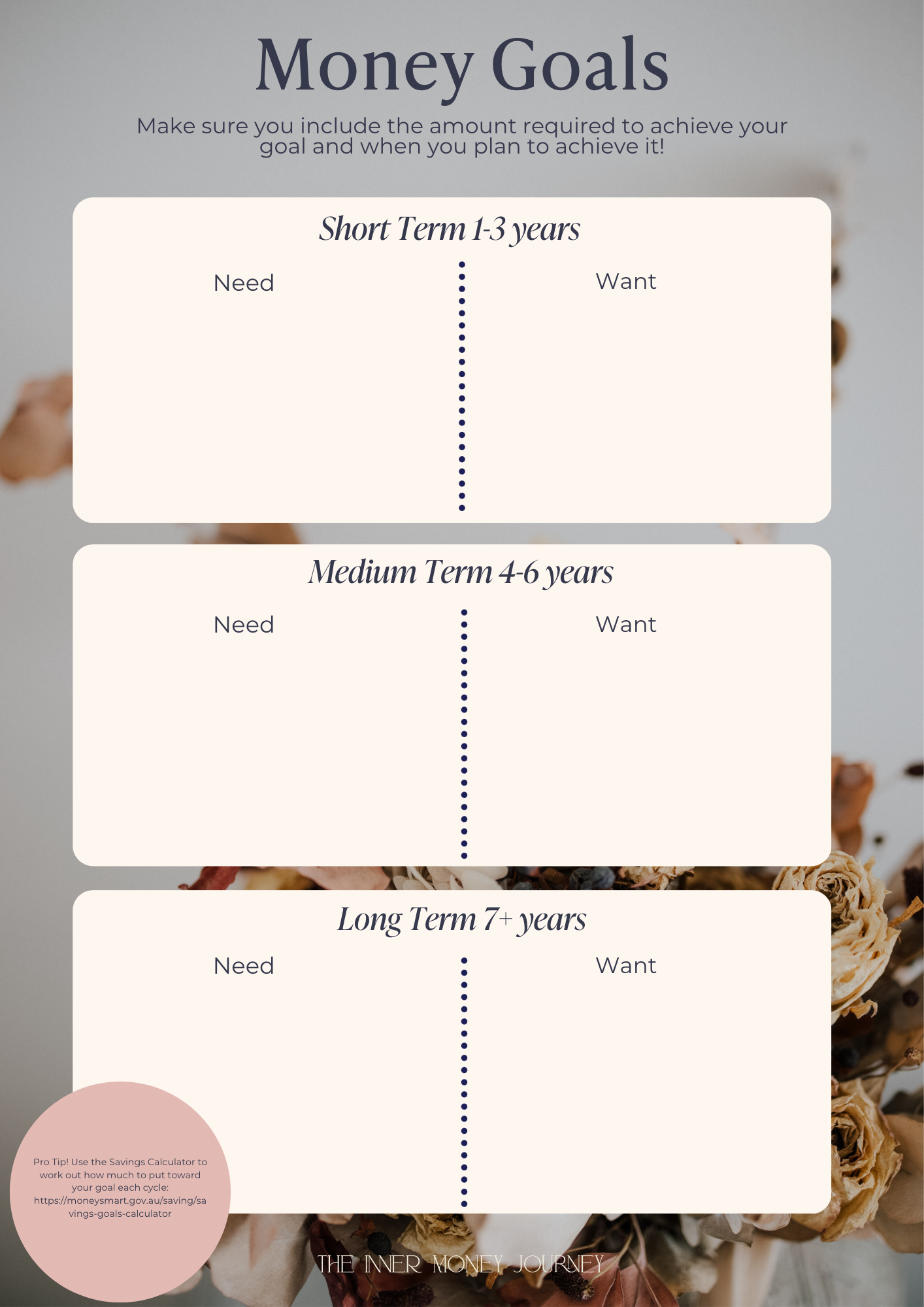 A diagram titled 'Money Goals' with sections for short, medium, and long-term financial goals, each divided into 'Need' and 'Want' categories. There is a tip bubble for the savings calculator at the bottom left corner.