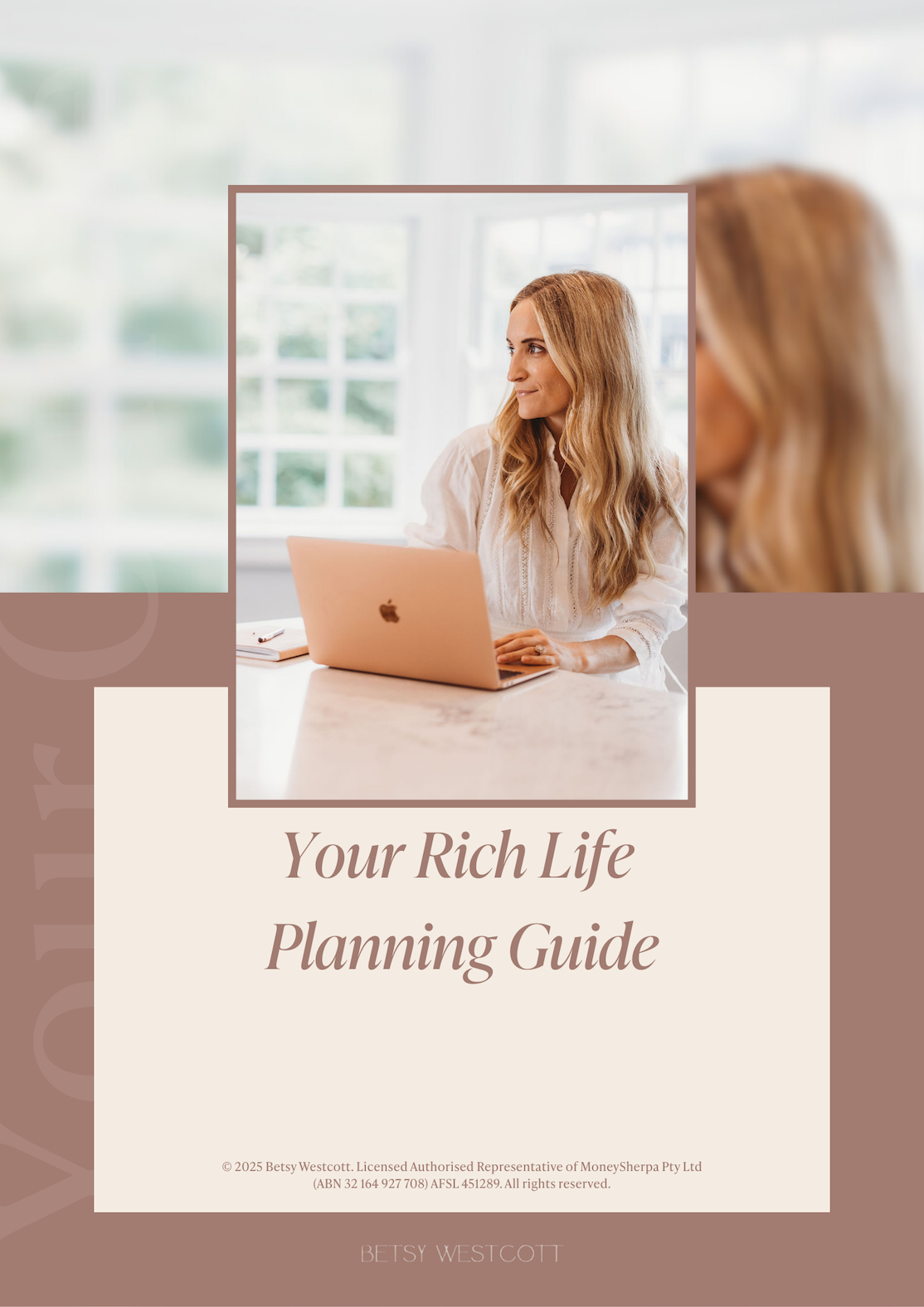 Cover of 'Your Rich Life Planning Guide' featuring a woman with blonde hair using a laptop in a bright room.