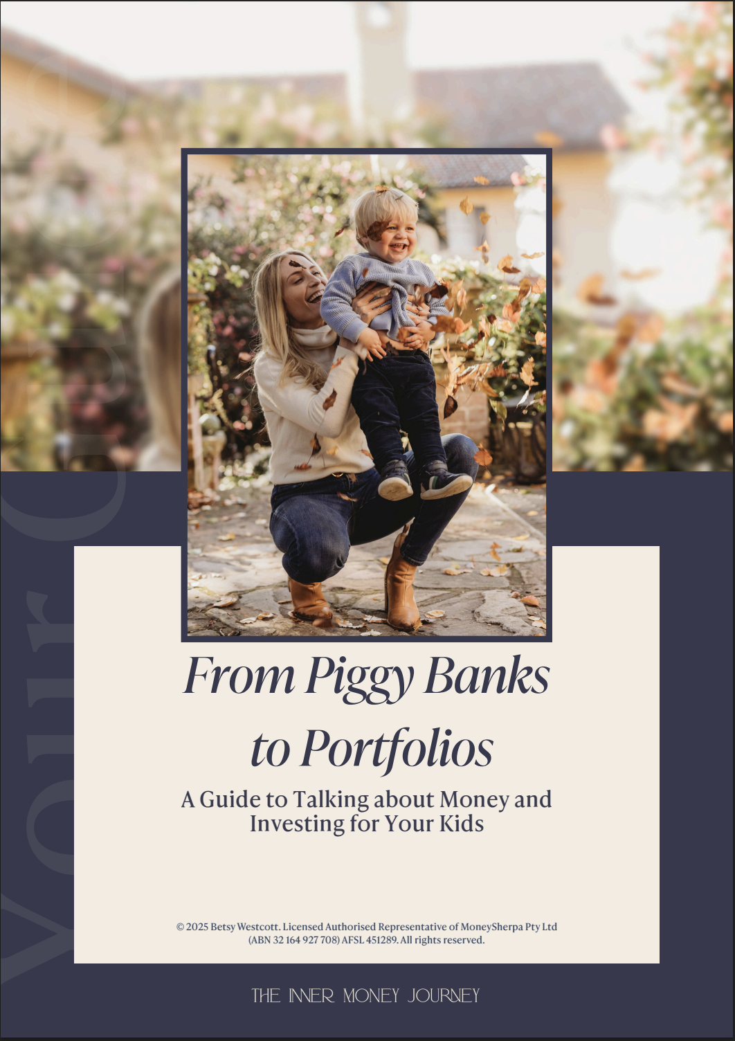Book cover titled "From Piggy Banks to Portfolios" featuring a woman and a child playing with fallen autumn leaves outdoors.