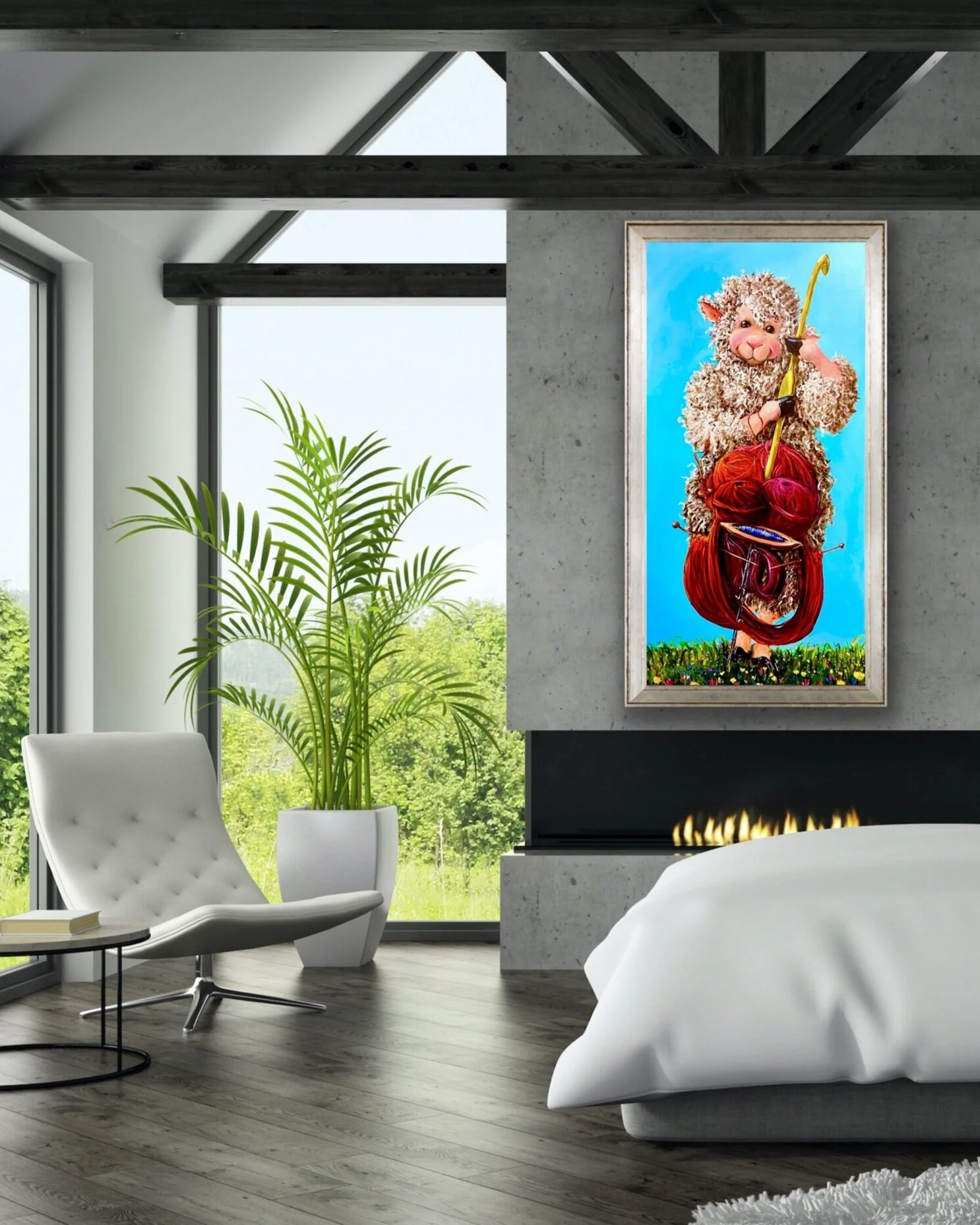 Sheep Playing a cello with needles and yarn