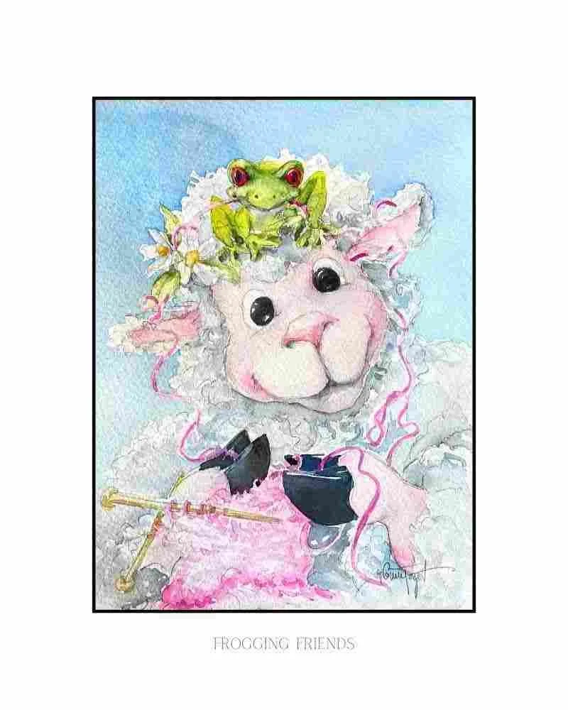 Frogging Friends Knitting Sheep Print