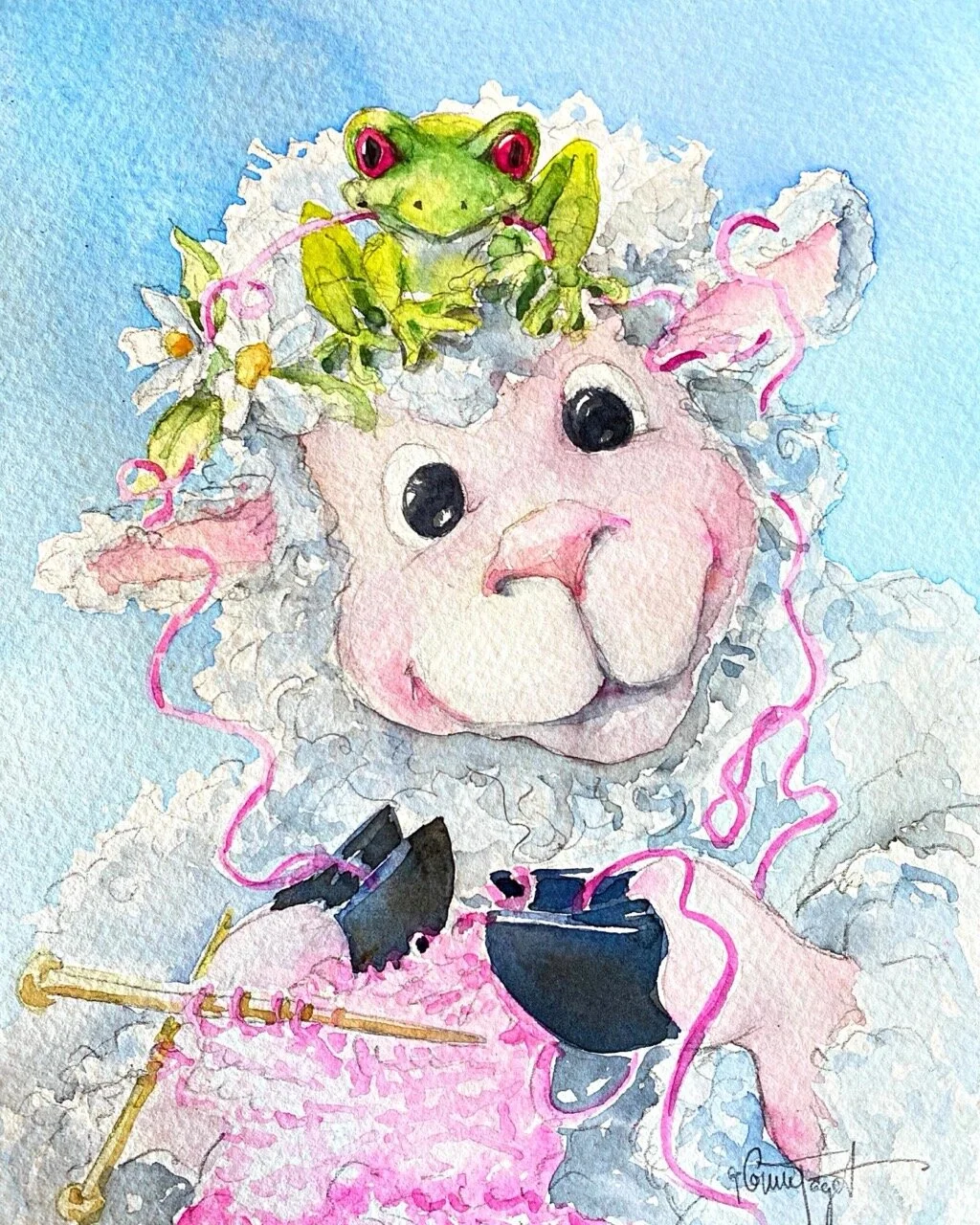 Frogging Friend Knitting Sheep Art Print with Frog