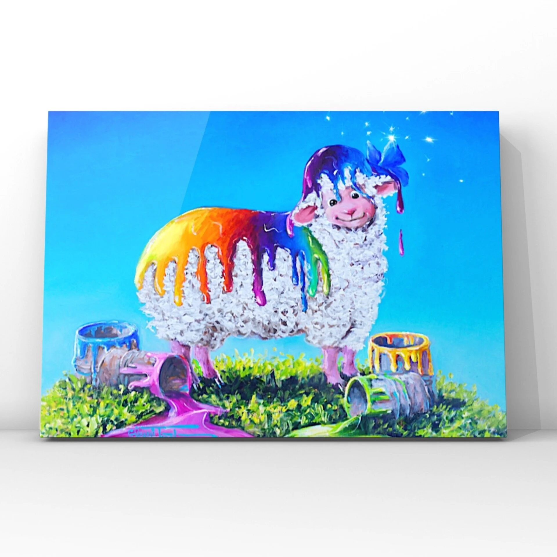 A sheep covered in dripping rainbow colors Dyed in the wool