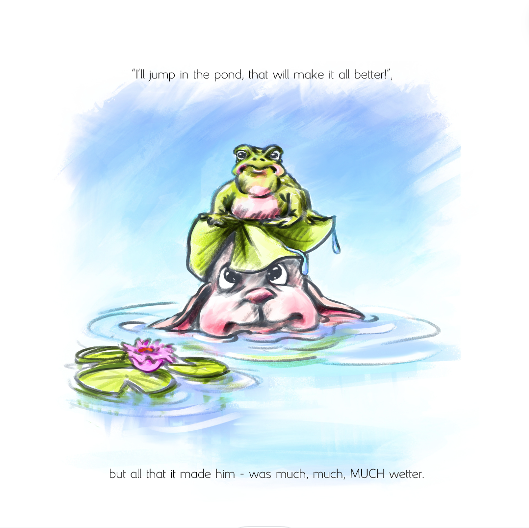 Sheep in the pond with a frog on its head