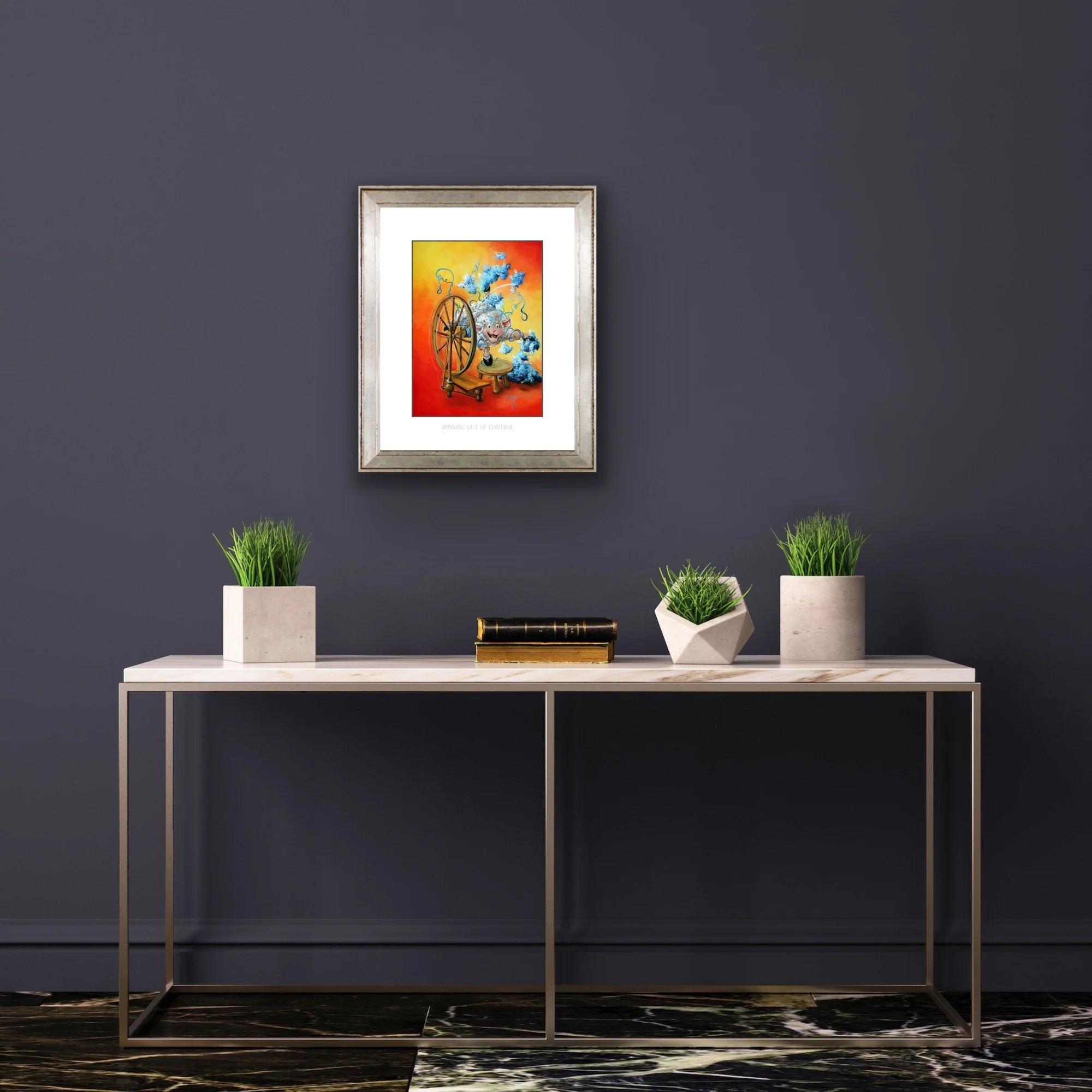 spinning out of control sheep art framed