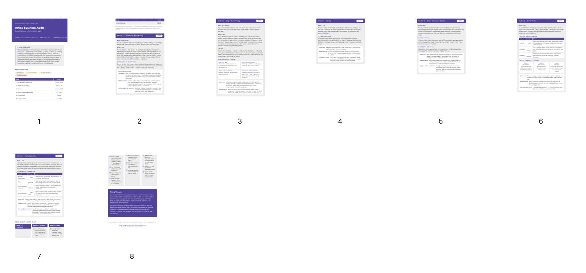 Cover page of a document titled 'Artist Business Audit' with sections and subsections on a purple background.