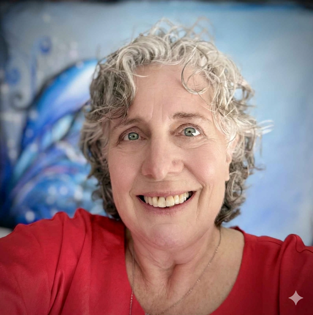 A smiling woman with curly gray hair, wearing a red top and a necklace, standing in front of a colorful painting with blue and purple hues.