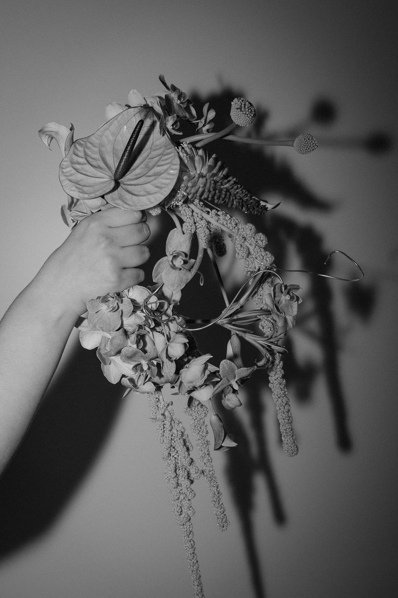 A hand holding a bouquet of various flowers with a shadow cast on a plain background.