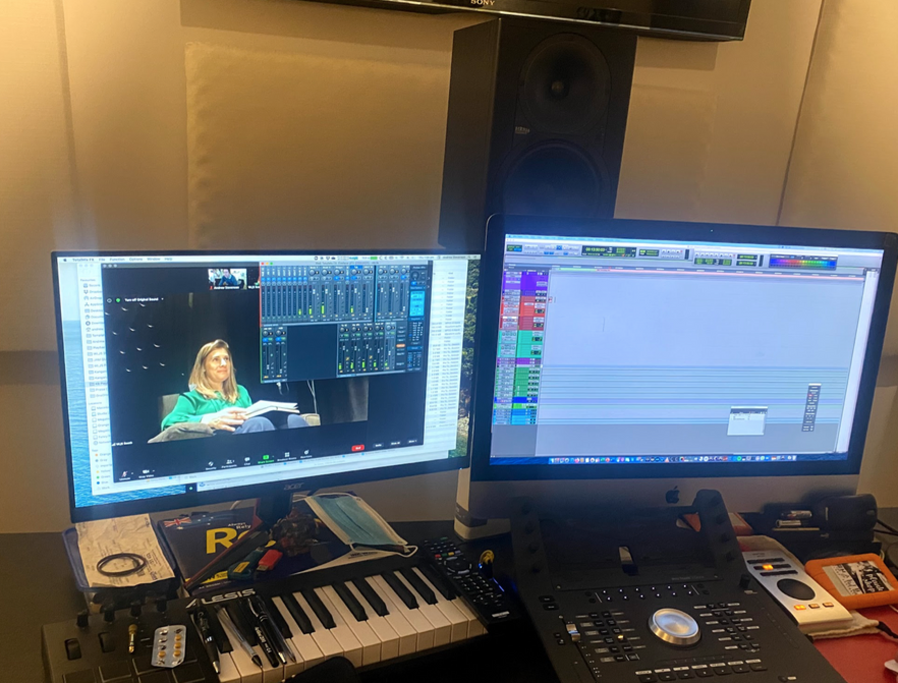 two-desktop-computer-screens-podcast-equipment