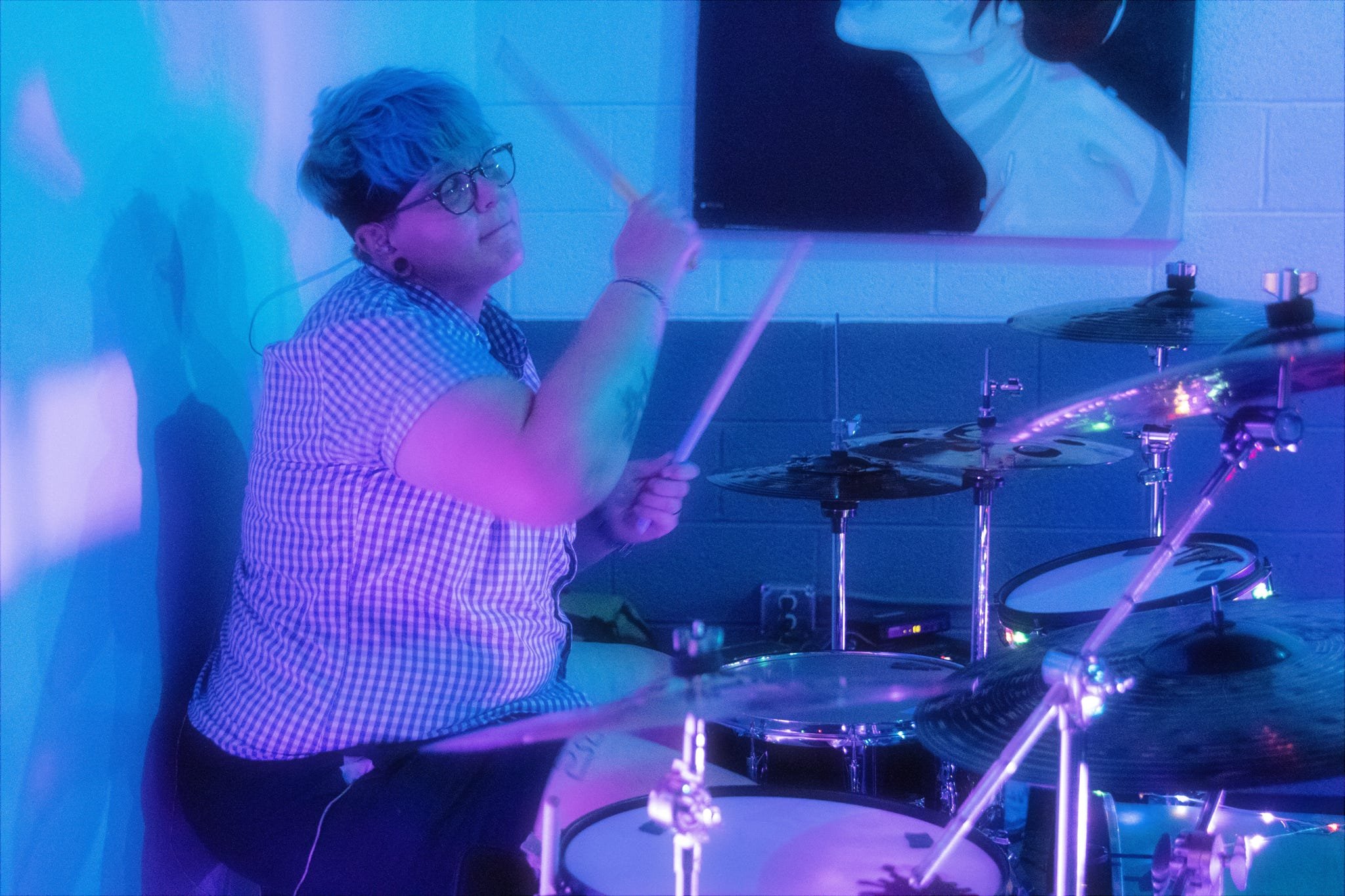 Jaime, one of our three drummers, is feeling the groove!
Benefit show: Rock camp for girls, nonbinary, and trans youths.
- Noisetown, Tulsa, June 2025