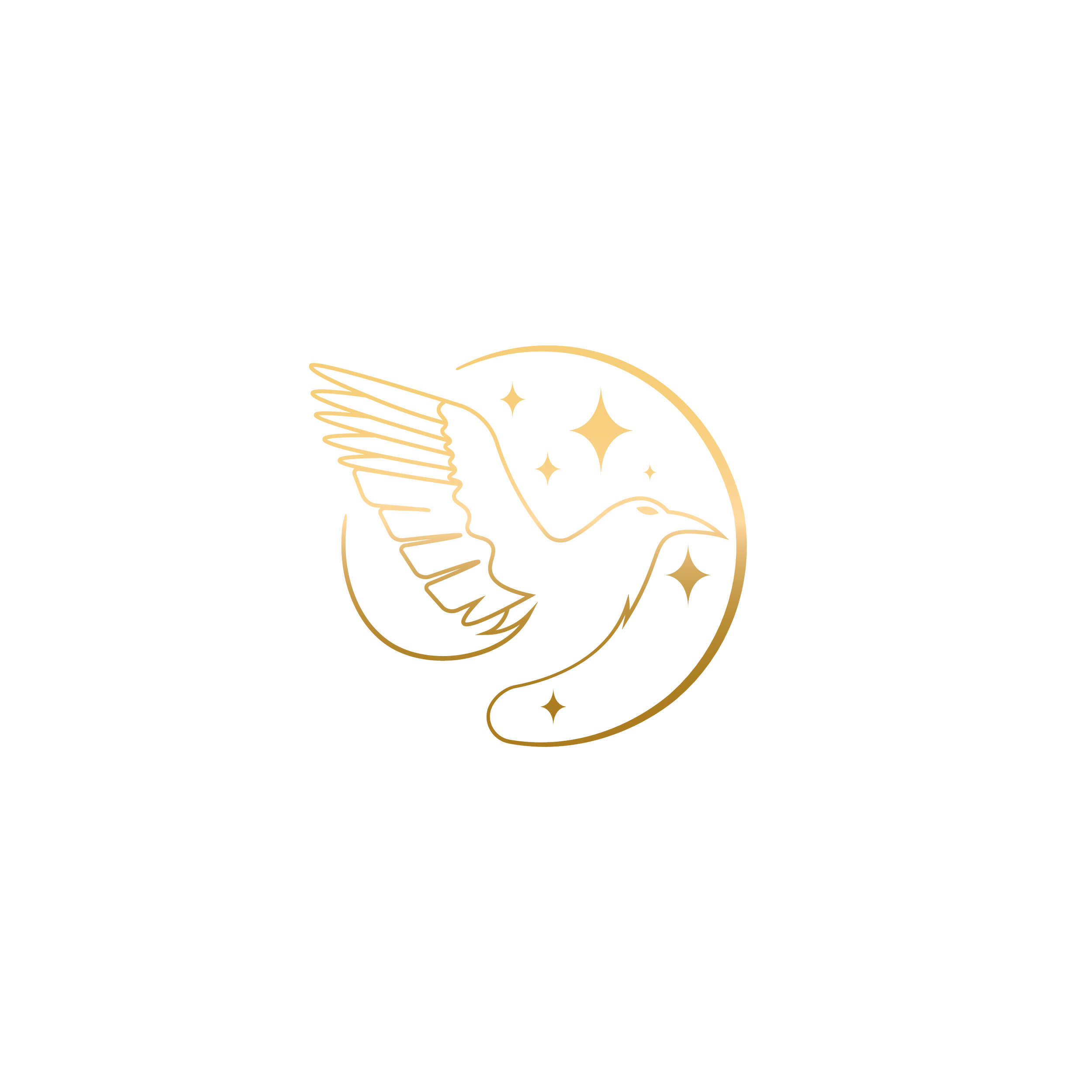 A Raven with outstretched wings, surrounded by stars, flies toward a the line of a circle that looks like a Moon.