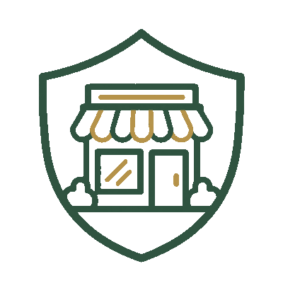 DLR green and gold storefront shield icon representing small business coverage