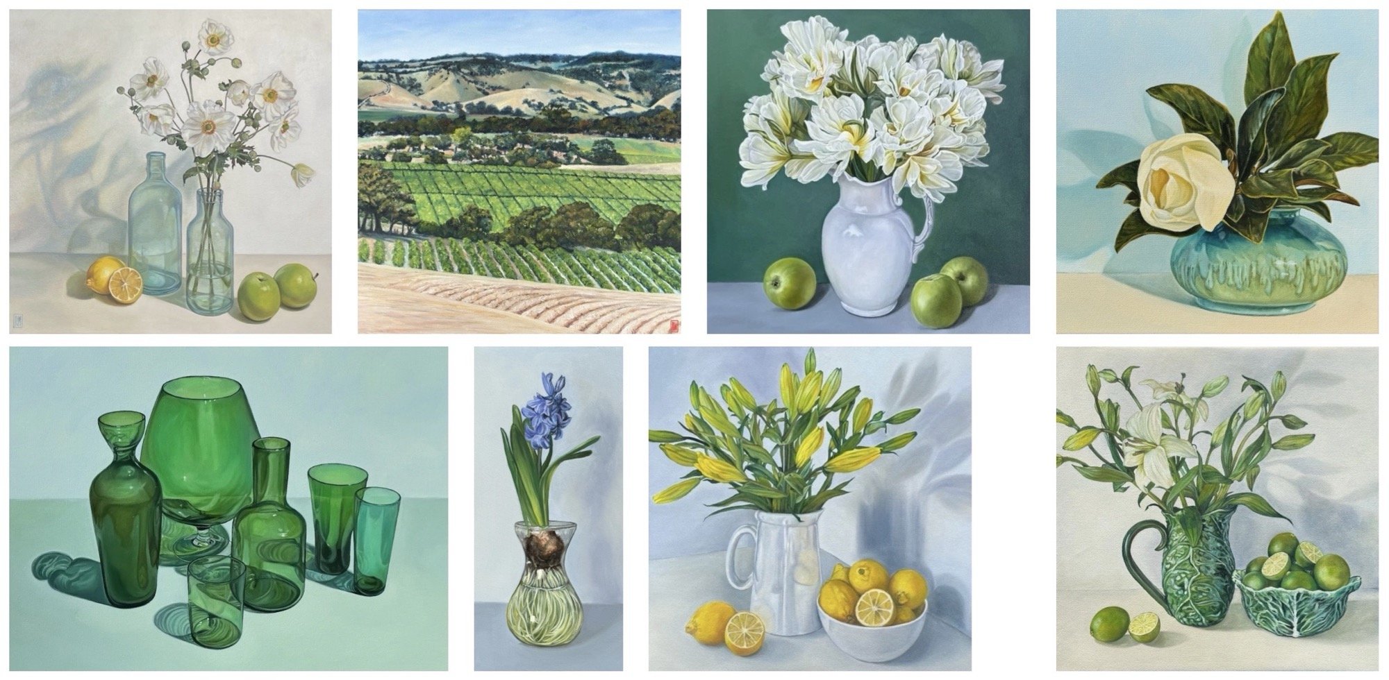 Collection of still life paintings featuring flowers, vases, and fruits with various backgrounds, including a vineyard landscape.