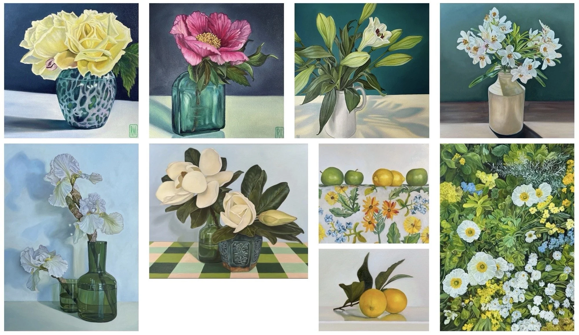 A collage of ten still life paintings of flowers and fruits. Top row from left to right: yellow peony in a patterned blue vase, pink poppy in a green glass jar, white lily in a white pitcher, bouquet of white flowers in a beige vase. Bottom row from left to right: white iris in a green glass vase, white magnolia in a patterned dark blue vase, apples and lemons on a patterned surface, a dense garden of various white, yellow, and blue flowers.